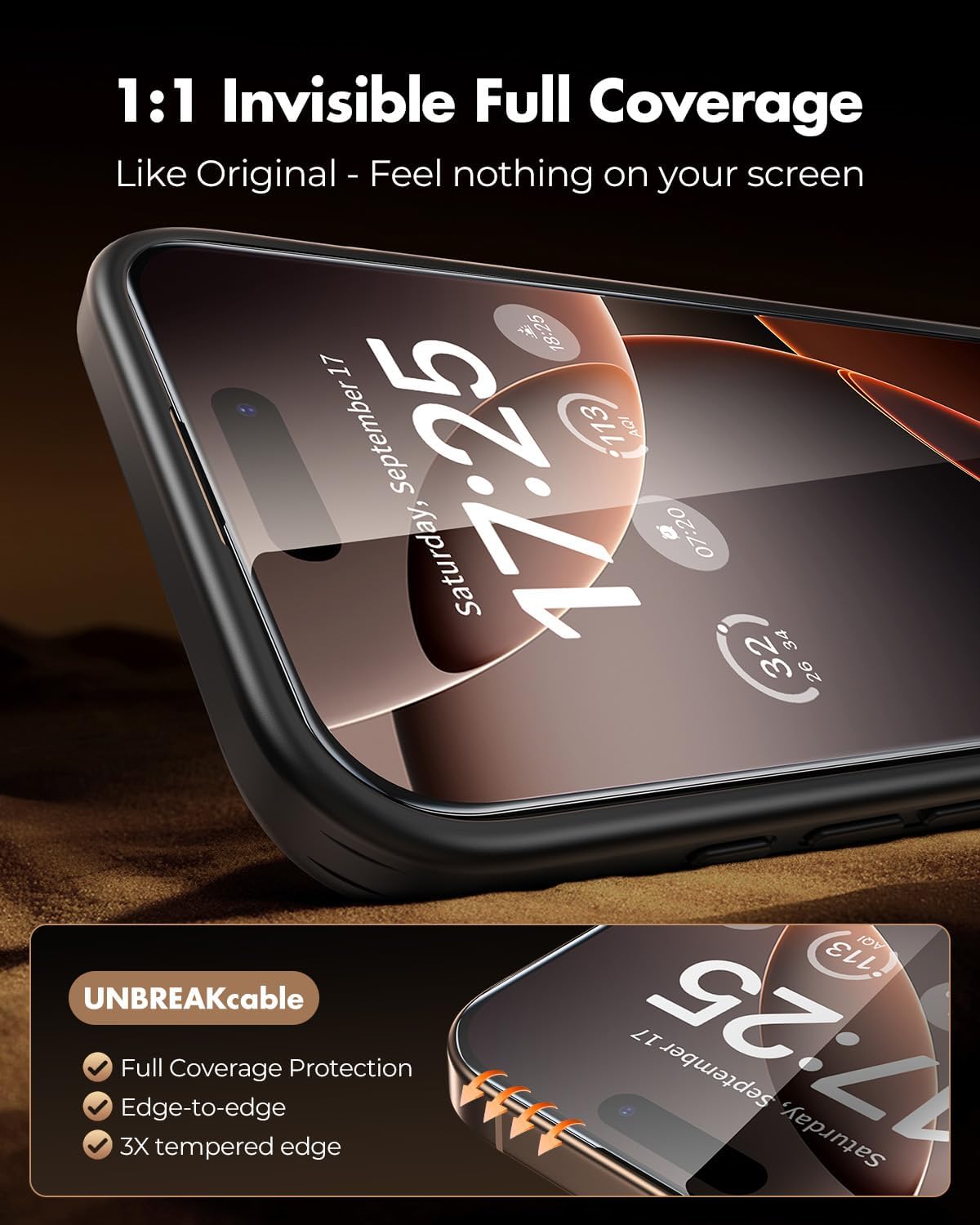 UNBREAKcable 3-Pack for iPhone 16 Pro Max Screen Protector, 9H+ Tempered Glass [Easy Installation Frame + Auto Dust-Elimination] [Bubble-Free, Shatterproof, HD Clear 99.99%] [1:1 Full Coverage]