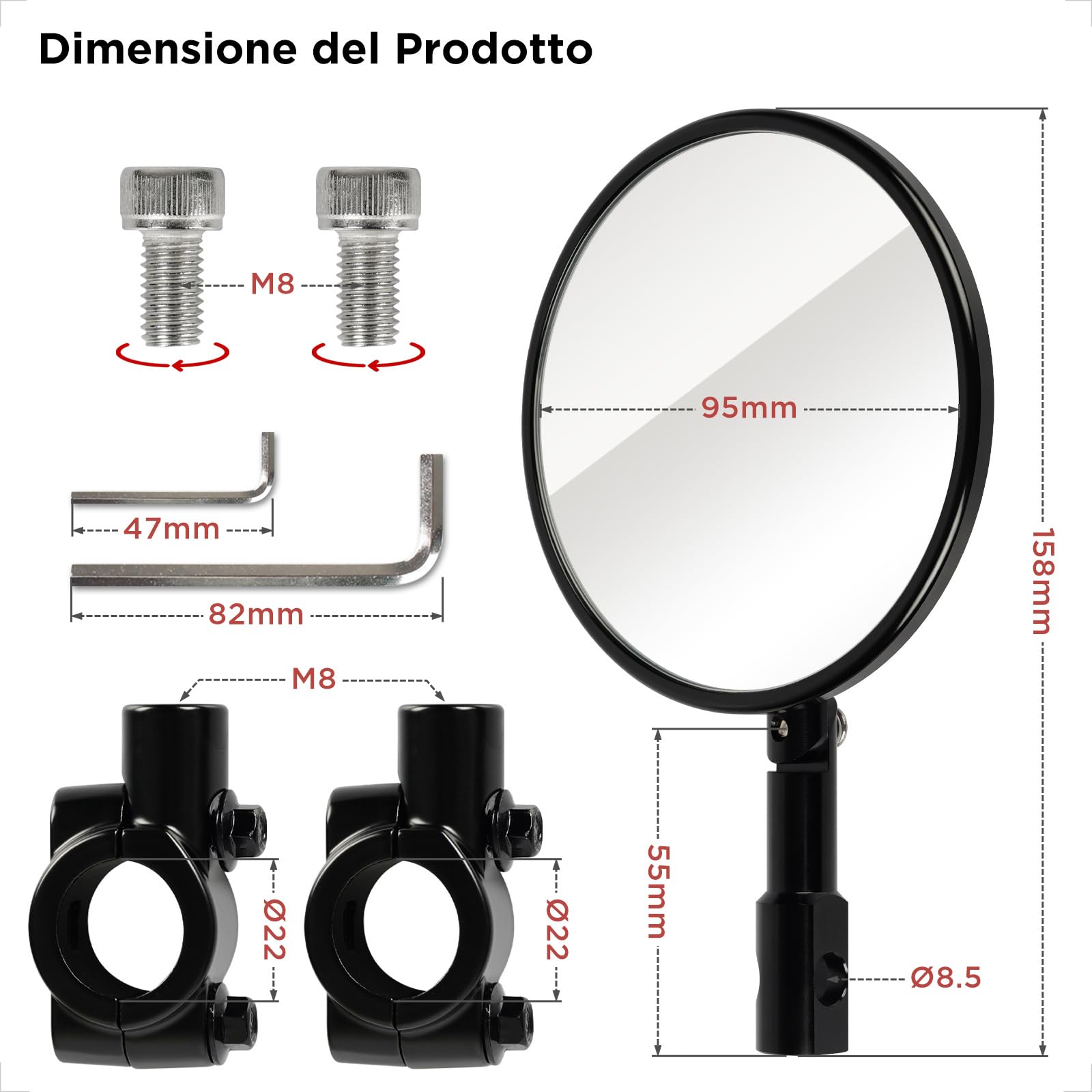 Evermotor Specchietto Moto, Omologazione E24, 360° Regolabile Specchietti Moto Manubrio, Alluminio, Rotondo per Scooter, ATV, Ciclomotori, 2 pz