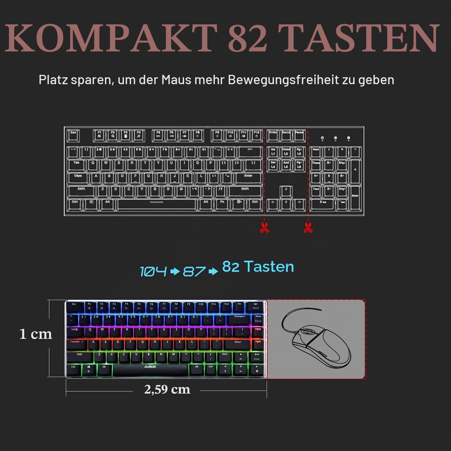 AK33 USB-Kabelgebundene Mechanische Gaming-Tastatur, 80 % Blaue Schalter Keyboard mit 19 RGB-Chroma-LED-Hintergrundbeleuchtung, 82 Tasten Anti-Ghosting-Metallpanel für PC, Mac und Laptop-Schwarz
