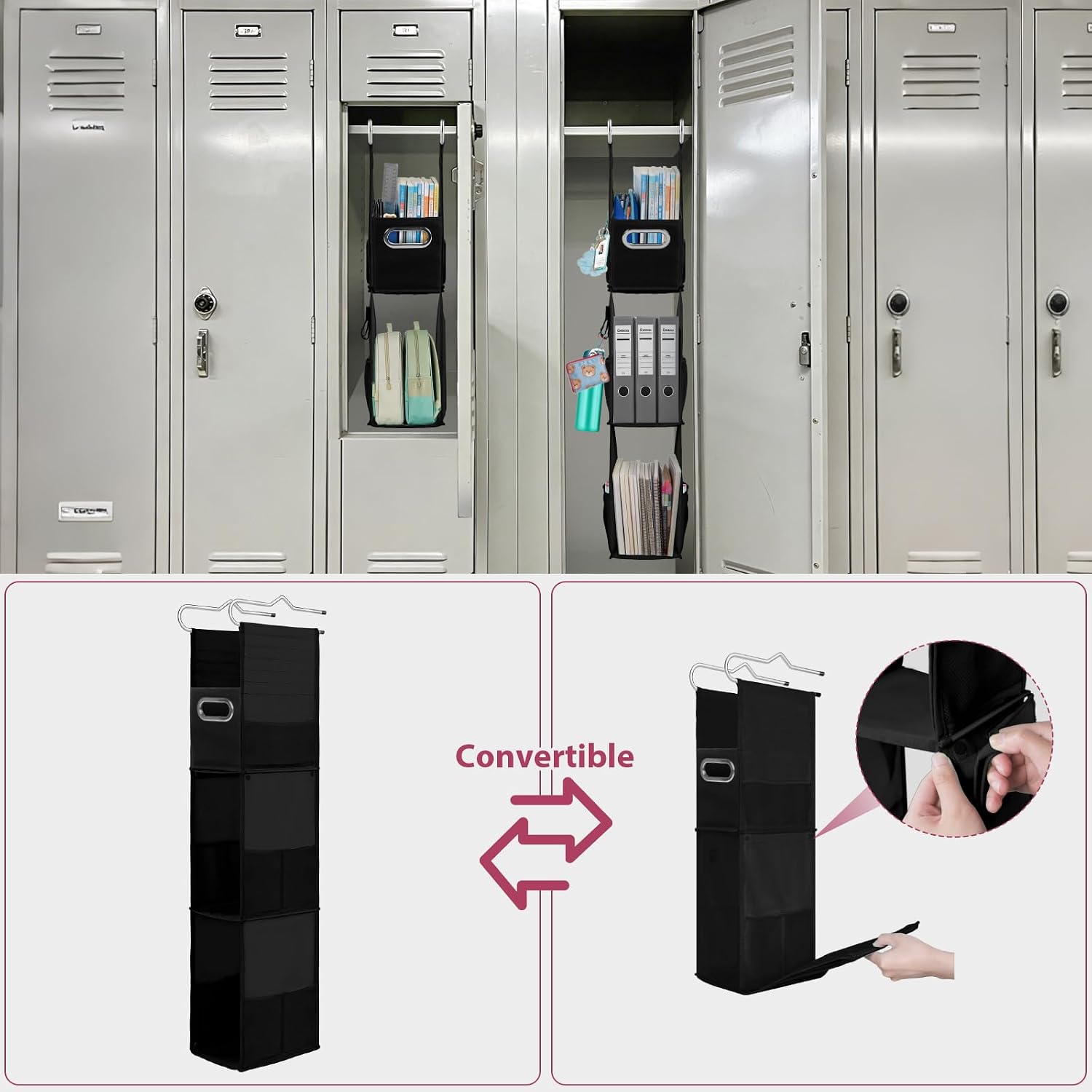 3 Shelf Hanging Locker Organizer with Side Pockets, Dark Black | Durable Oxford Fabric, Deep Shelves 9 in x 7 in, Adjustable Locker Shelf from 3 to 2 Shelves for School Locker, Gym, Closet