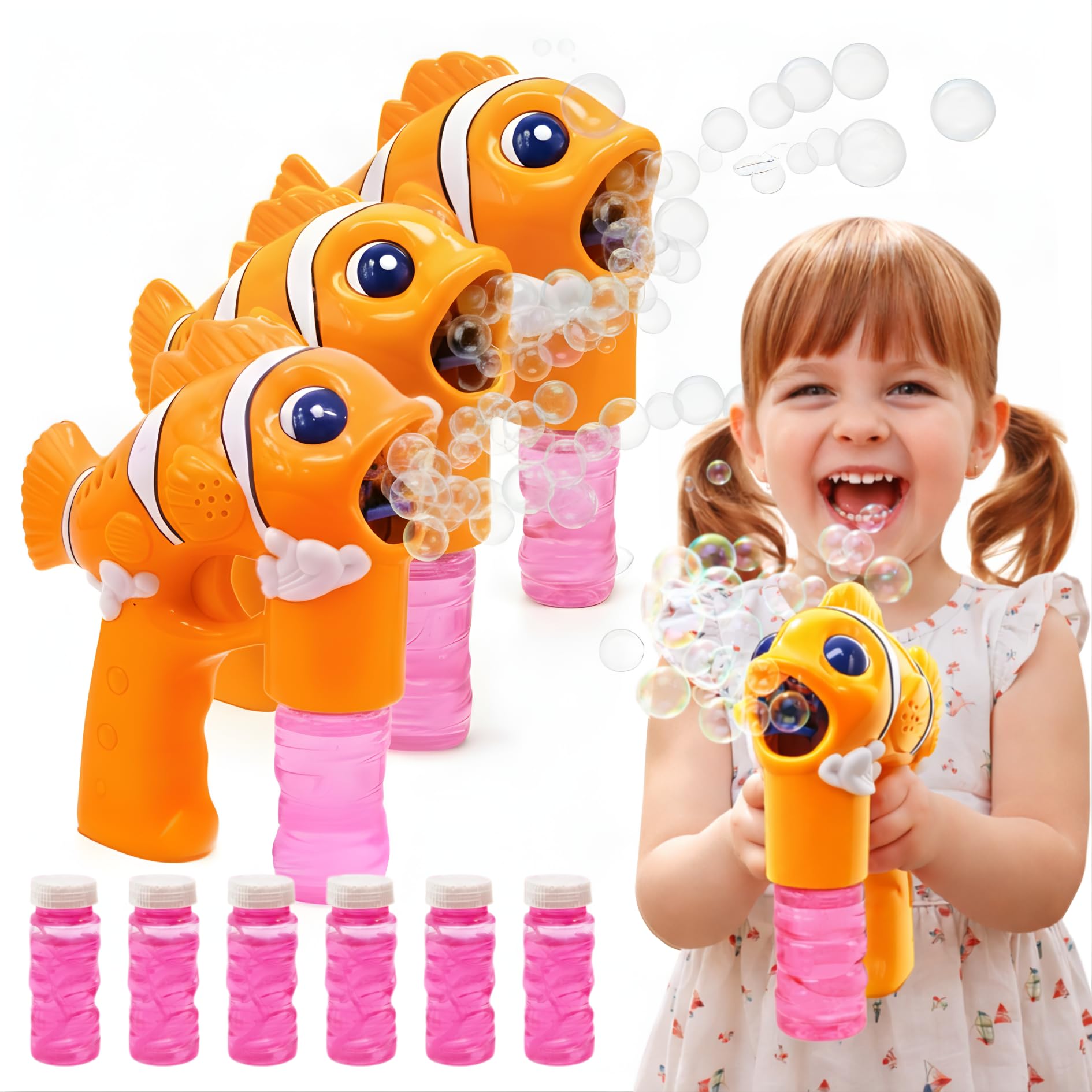 Pistola de Burbujas - Set de 3 - AMATOYS - Máquina de Pompas Automática con Luces - Forma de Animales - Pomperos para Niños y Niñas - Juguete para Piscina y Verano (PEZ_Naranja)