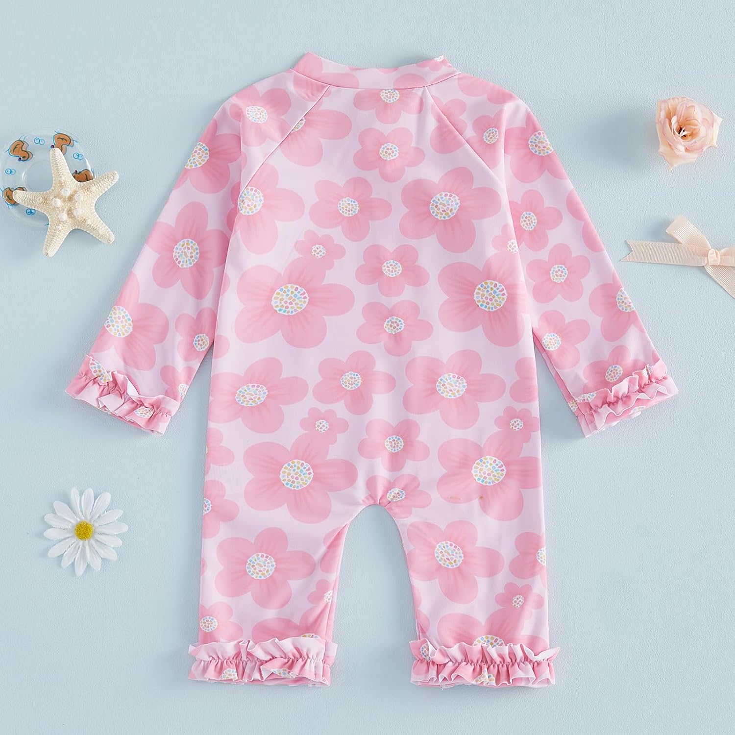 Infant Baby Girl One Piece Swimsuit Long Sleeve Rash Guard Zipper Ruffle Bathing Suit Toddler Summer Beach Swimwear