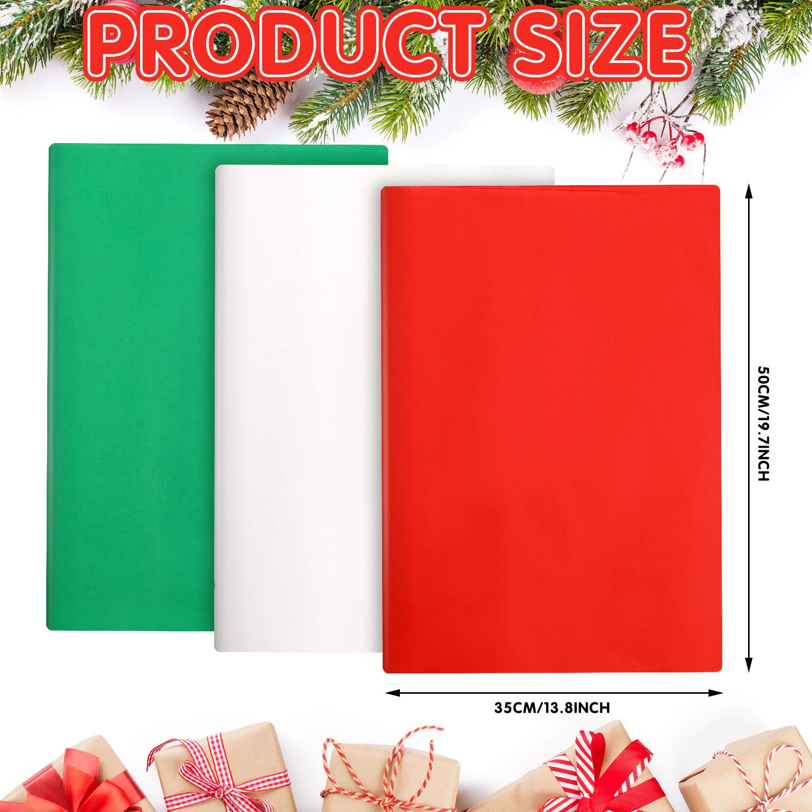 Tatuo Lot de 600 feuilles de papier de soie de Noël en vrac, 50,8 x 35,6 cm, blanc, rouge, vert pour les vacances, les anniversaires, les travaux manuels, les cadeaux, les sacs, les fournitures de