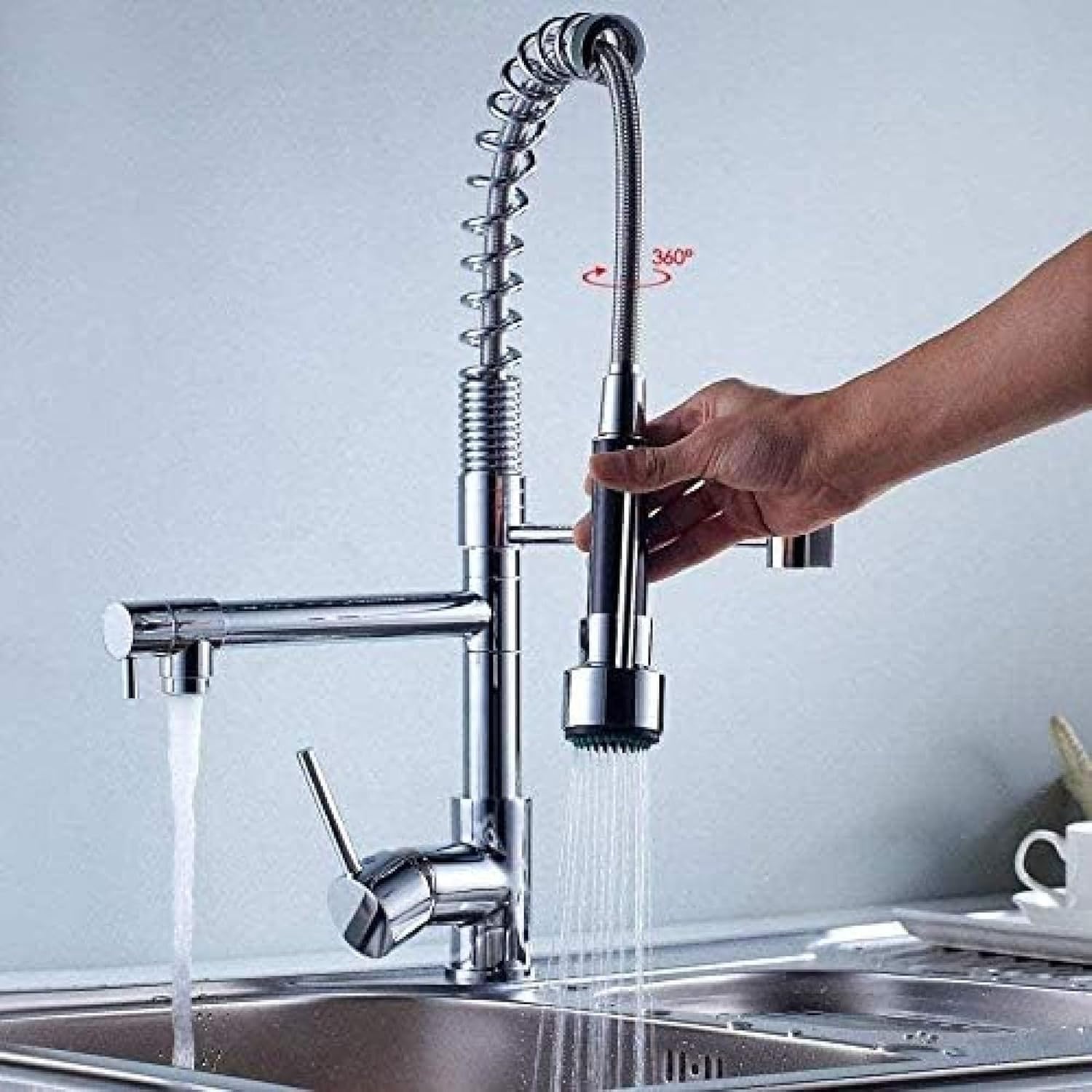 BHFPFZA Chrome Kitchen Faucet Solid Brass Swivel Spout Spring Design Vessel Sink Mixer Tap Single Handle Durable and Stylish Easy Install Modern Home Upgrade