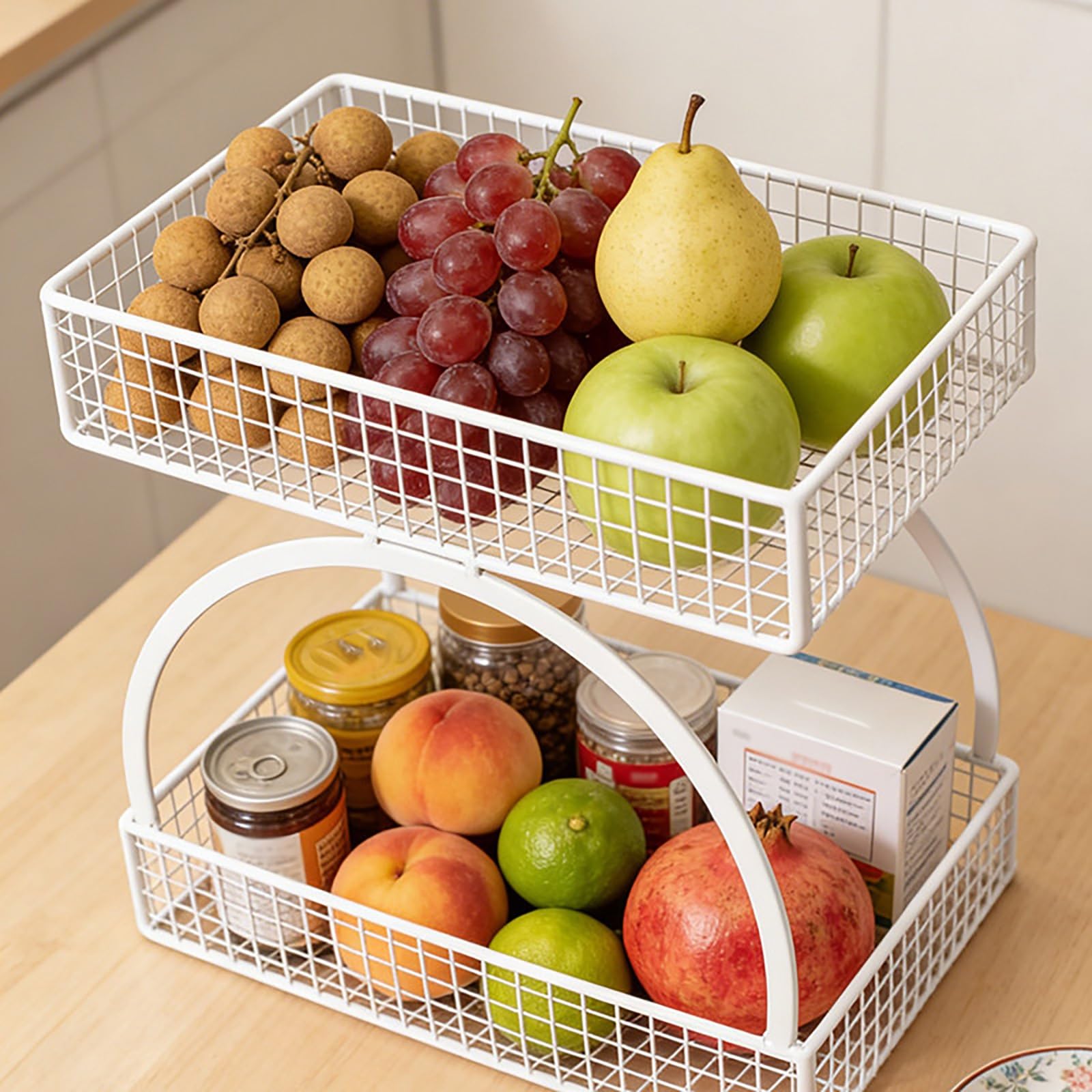 YYLMKMFC-AE 2 Tier Fruit Basket For Kitchen Counter Stainless Steel Bowl Holder No Assembly Required Wire Vegetable Storage Organizer Mesh(White)
