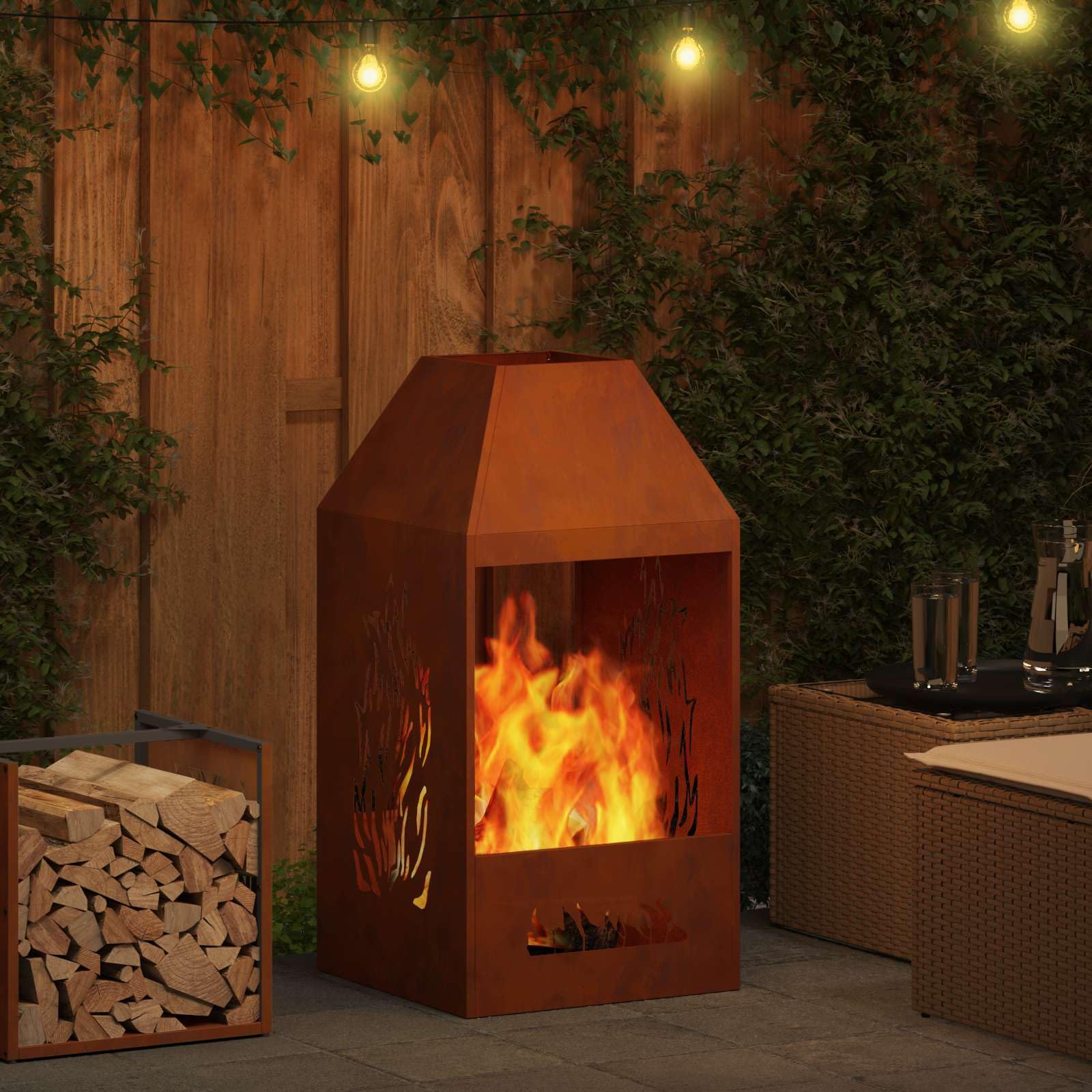 Brasero marrón 50 x 50 x 100 cm, acero resistente a la intemperie, con diseño moderno para jardín, terraza y exterior, duradero, resistente al calor, sin humo