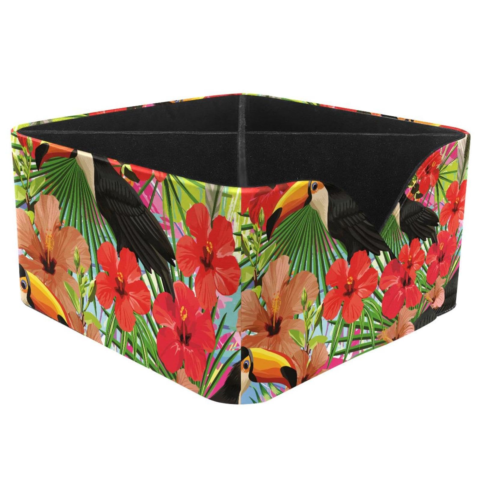 KengjuTesu Exotic Tropical Bird Toucan Leaves Hibiscus Flowers Desktop Organizer Pen Holder, Rectangular Pencil Cup for Office, Study and Makeup Stations