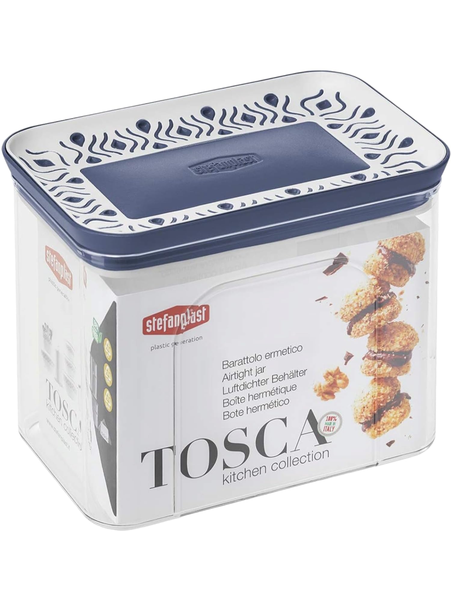 Stefanplast Blue Rectangular Airtight Jar Line Tosca, Palace, for Food, White, 1.2 lt, 10x15,5x12h cm, Resin, 1.2