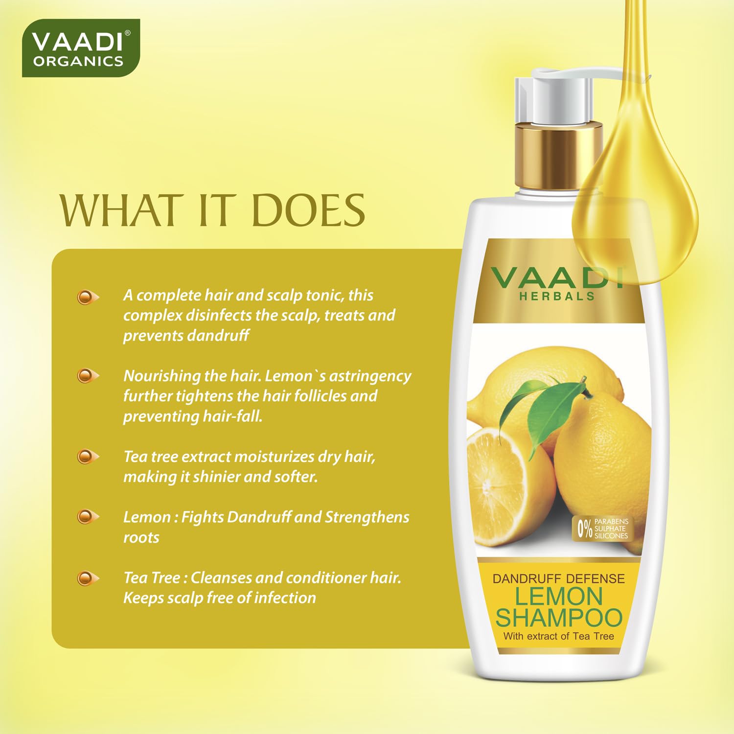 Vaadi Herbals Lemon with Tea Tree Extract Shampoo ★ Dandruff Defense ★ ALL Natural ★ Paraben Sulfate Free ★ Scalp Therapy ★ Moisture Therapy ★ Suitable for All Hair Types - 11.8 Oz