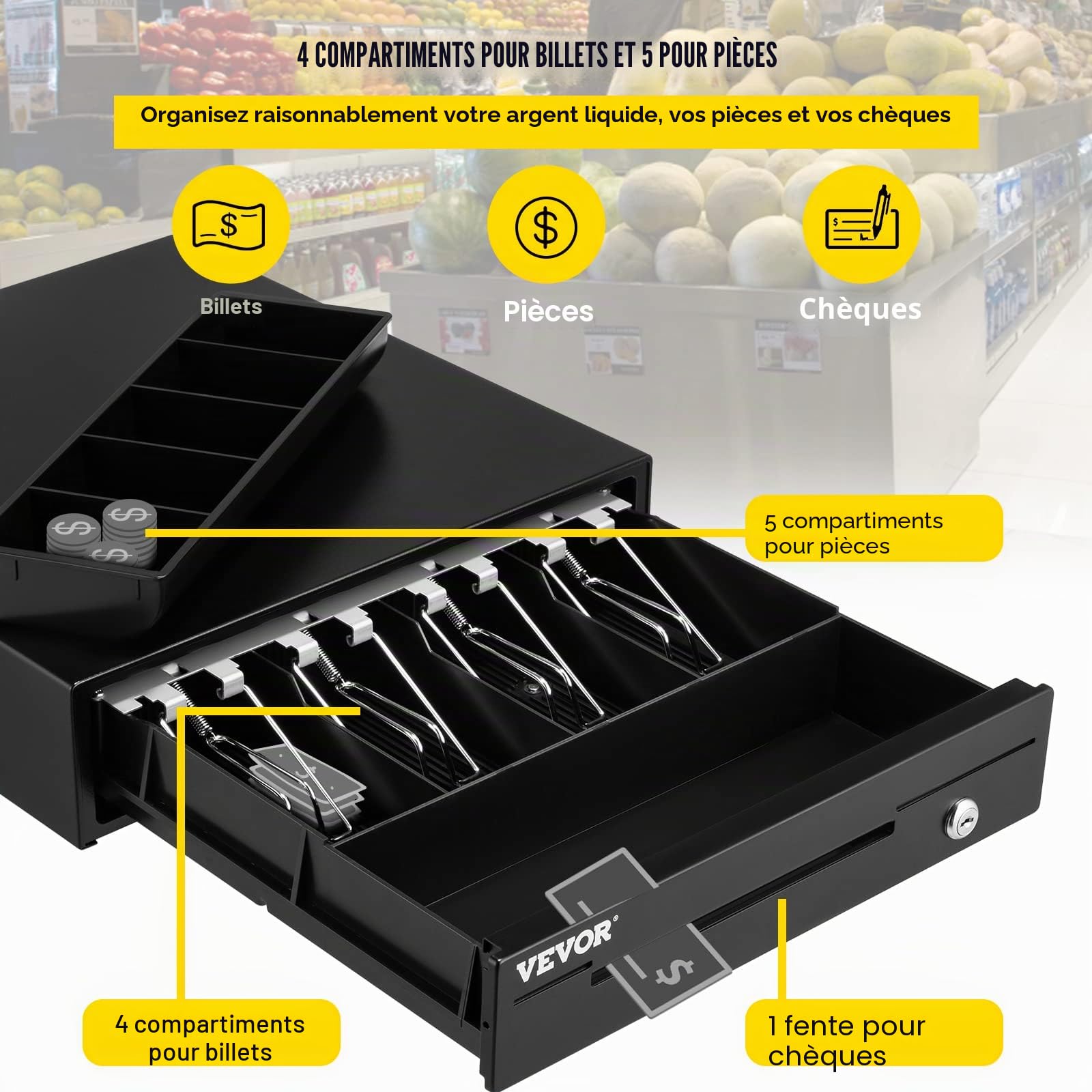 VEVOR Tiroir-Caisse Enregistreuse 33,6 cm Manuel Automatique 4 Billets 5 Pièces RJ11 RJ12 POS