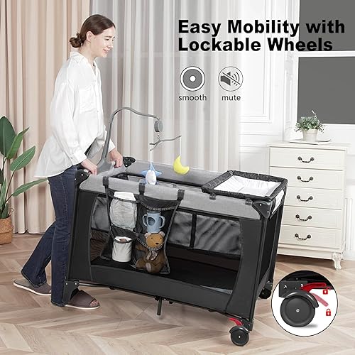 Miniatura 3 de Empaca y juega con cambiador y bolsa de transporte, corralito portátil 4 en 1 para recién nacidos a niños pequeños, cuna de viaje plegable con