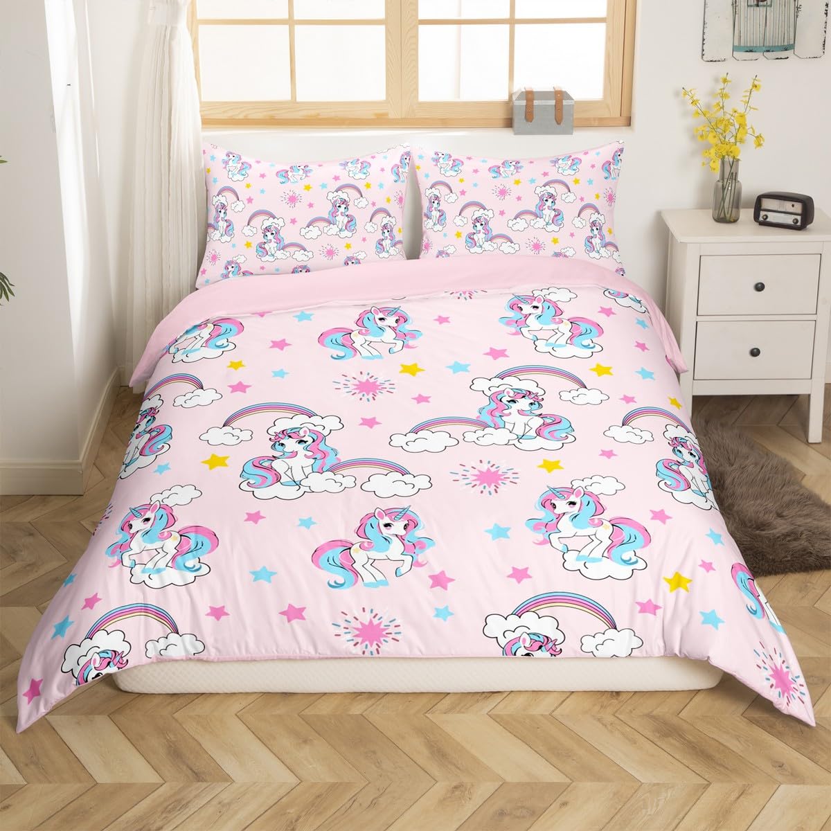Homemissing Girl Unicorn Duvet Cover Set Cot Size Princess Rainbow Bedding Set Floral Flower Kawaii Duvet Cover with 1 Pillowcase Rainbow Pink โ image 1