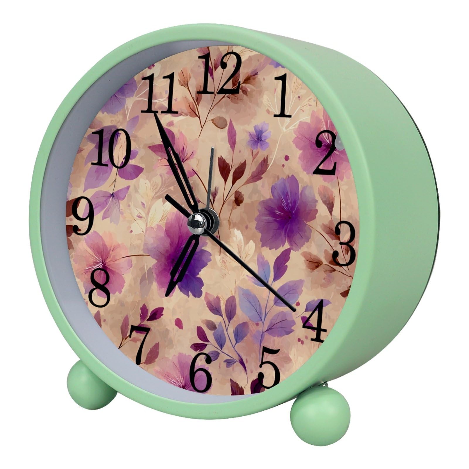 etoenbrc Watercolor Purple Flower Round Battery Operated Bedside Alarm Clock Non-Ticking Desktop Silent Analog Alarm Clock with Light