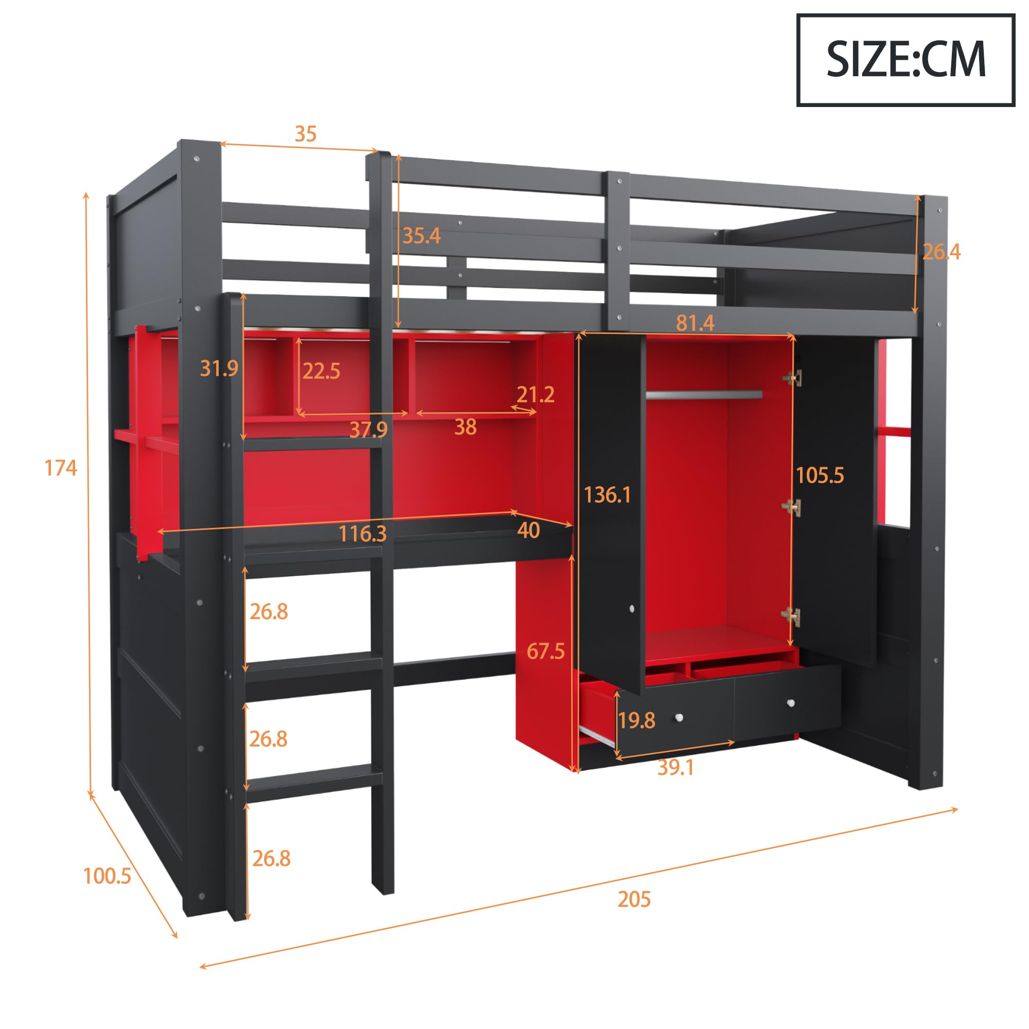 Sapgaks Lit Mezzanine Enfant/Jeune en Bois 90 x 200 avec Bureau,LED,Ports USB/Type-C,Armoire,tiroirs,lit superposé,Style Gaming,Cadre de lit Mezzanine 1 Place,Noir-Rouge