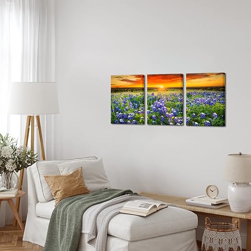 Miniatura 4 de Nachic Wall Cuadro de 3 piezas de puesta de sol para pared, hermoso campo de arándanos de Texas, pintura fotográfica sobre lienzo, póster de paisaje