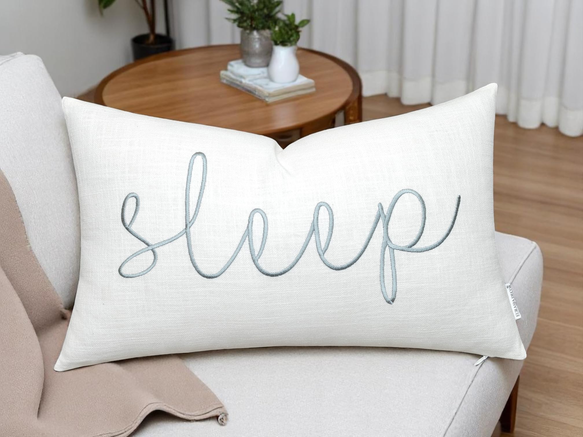 EURASIA DECOR Embroidered 12x20 Inch Lumbar Pillow Cover – Ivory Cotton Bedroom Accent – Sleep