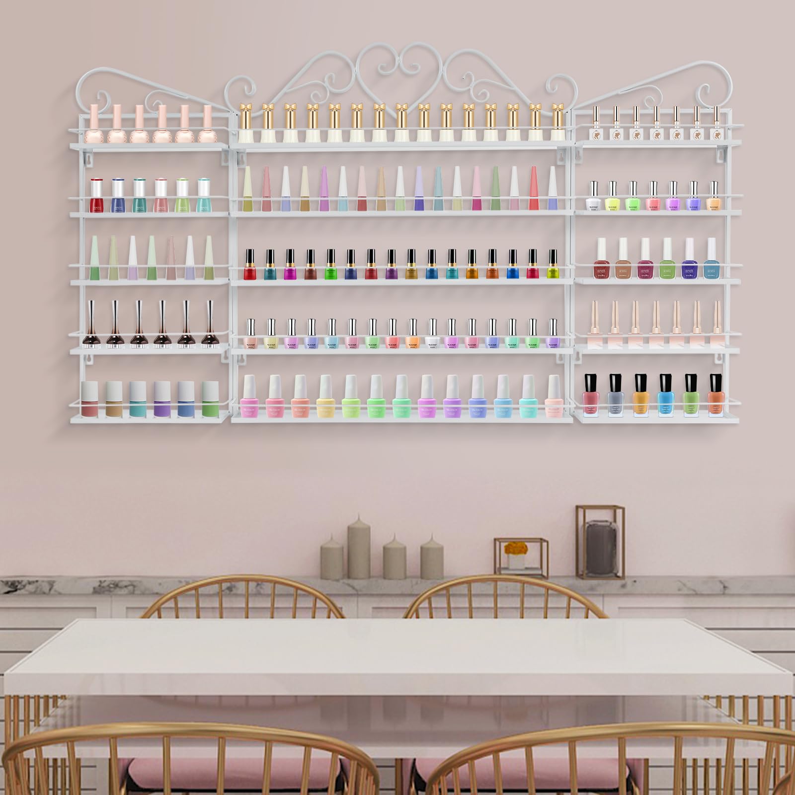 Étagère murale à 5 niveaux en métal à 3 niveaux pour vernis à ongles, avec bandes de protection, organiseur de coiffeuse pour rouges à lèvres, parfums, pour salon de manucure, chambre à coucher