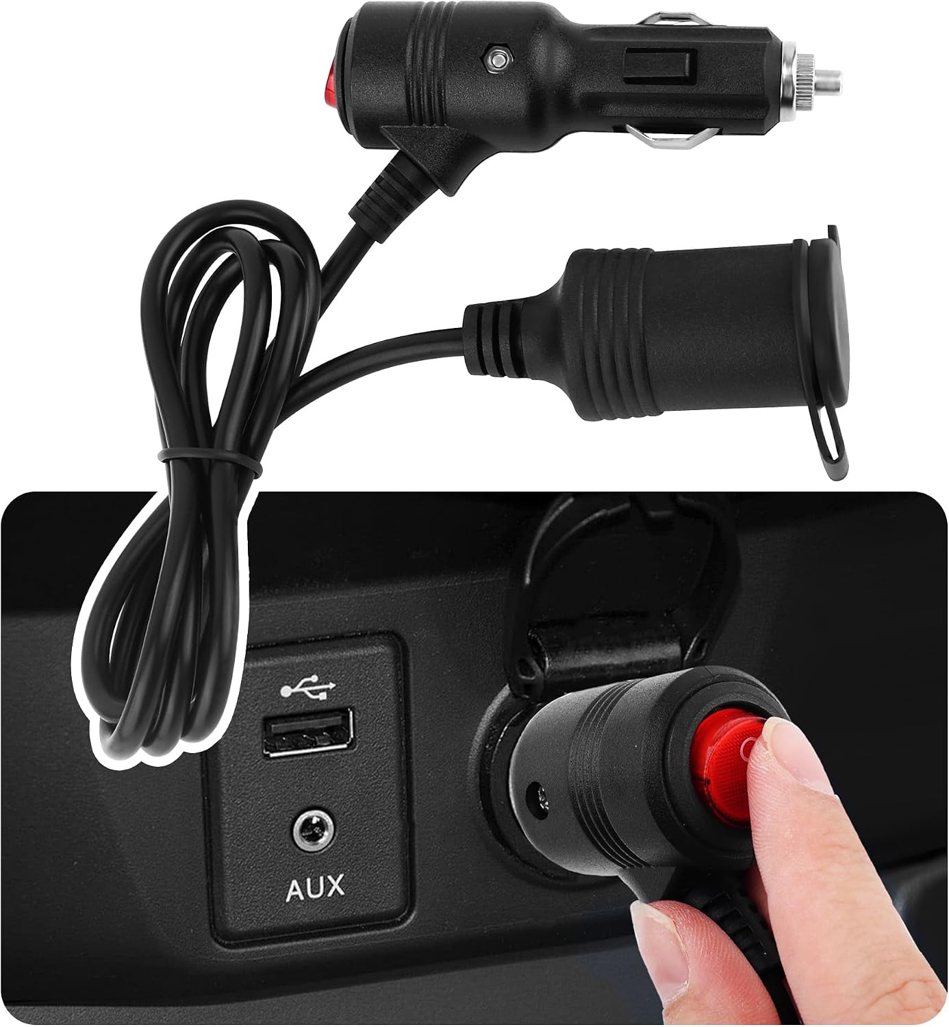3Ft Car Cigarette Lighter Extension Cord with Dust Cap,On/Off Switch Design 12V Extension Cord with 15A Fuse/18AWG Cable,Male to Female Cigarette Lighter Extender