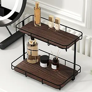 Bathroom Organizer Countertop Perfume Organizer Makeup Organizer Cosmetics Storage Display Rack Vanity Tray Dresser Stainless Steel Gold Shelf White Marble Ceramic Tray (2 Tier L-Black Wood)
