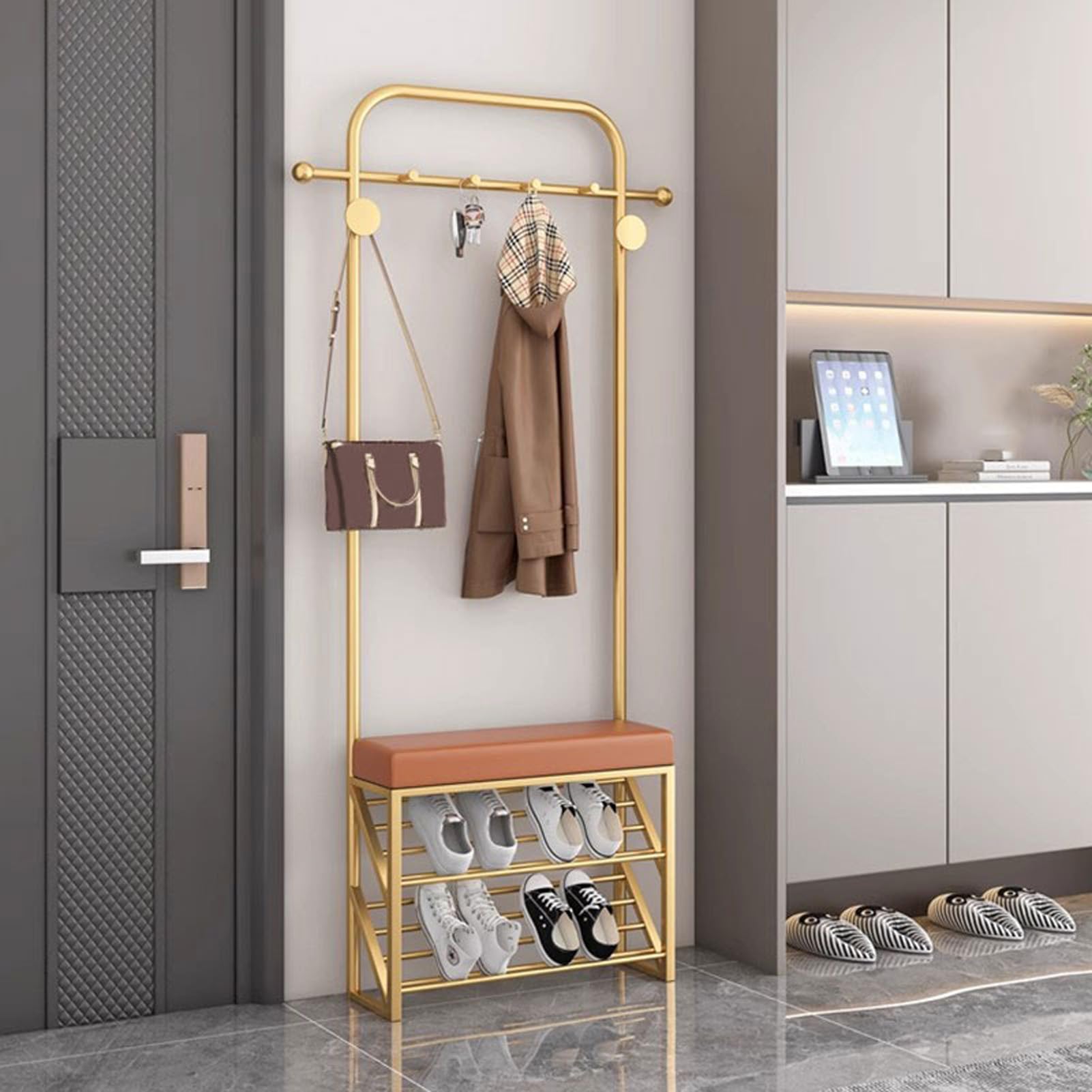 Porte-Manteau avec Étagère à Chaussures, Vestiaire d'Entrée 3-en-1 avec Banc Rembourré et 8 Crochets