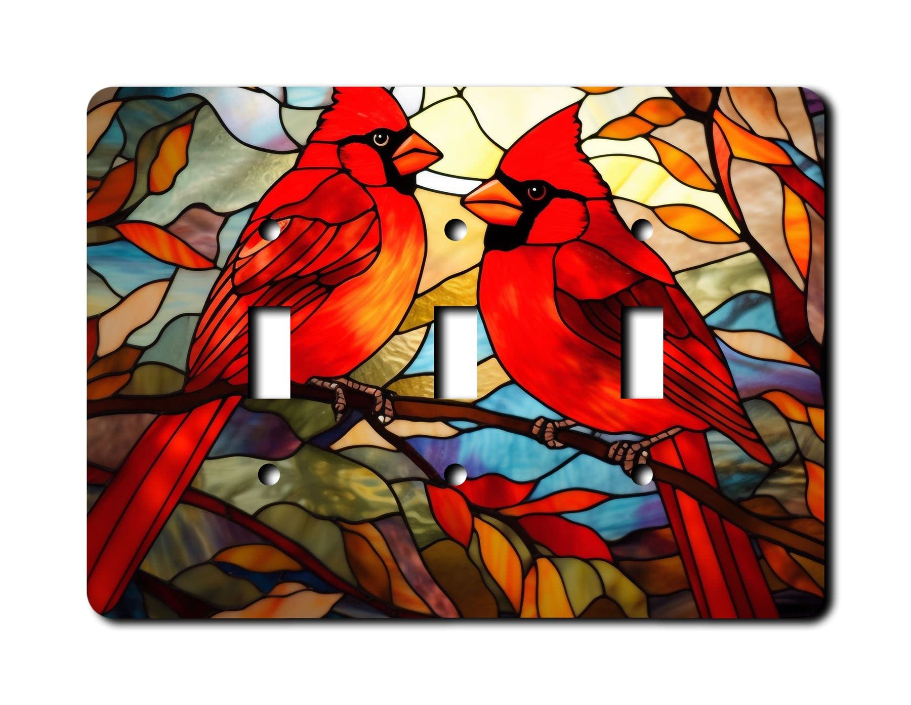 Off The Wall Plates - Stained Glass Look Cardinal - Triple Gang Light Switch