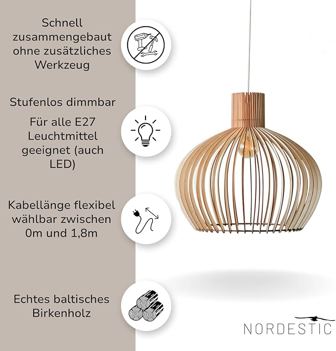 Nordestic Hanglamp van hout "Baidur", Scandinavische hanglamp eettafel + woonkamer, boho hanglamp in hoogte verstelbaar + dimbaar met E27-fitting (hoogte x diameter 60 cm x 64 cm) photo 2