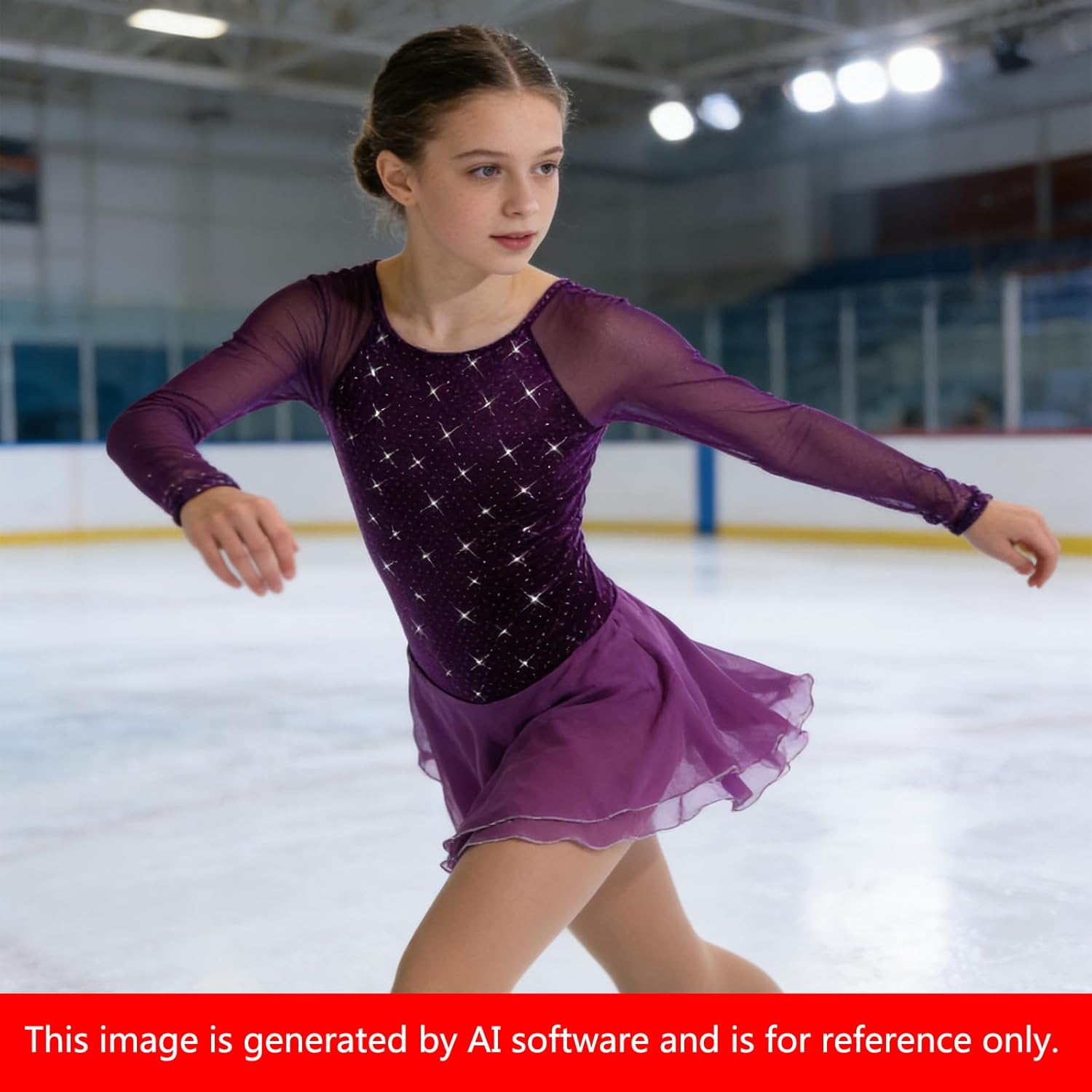 Figure Skating Dress Girls Purple Panty Setted Rhinestones Long Sleeves Women Skate Dance Costumes
