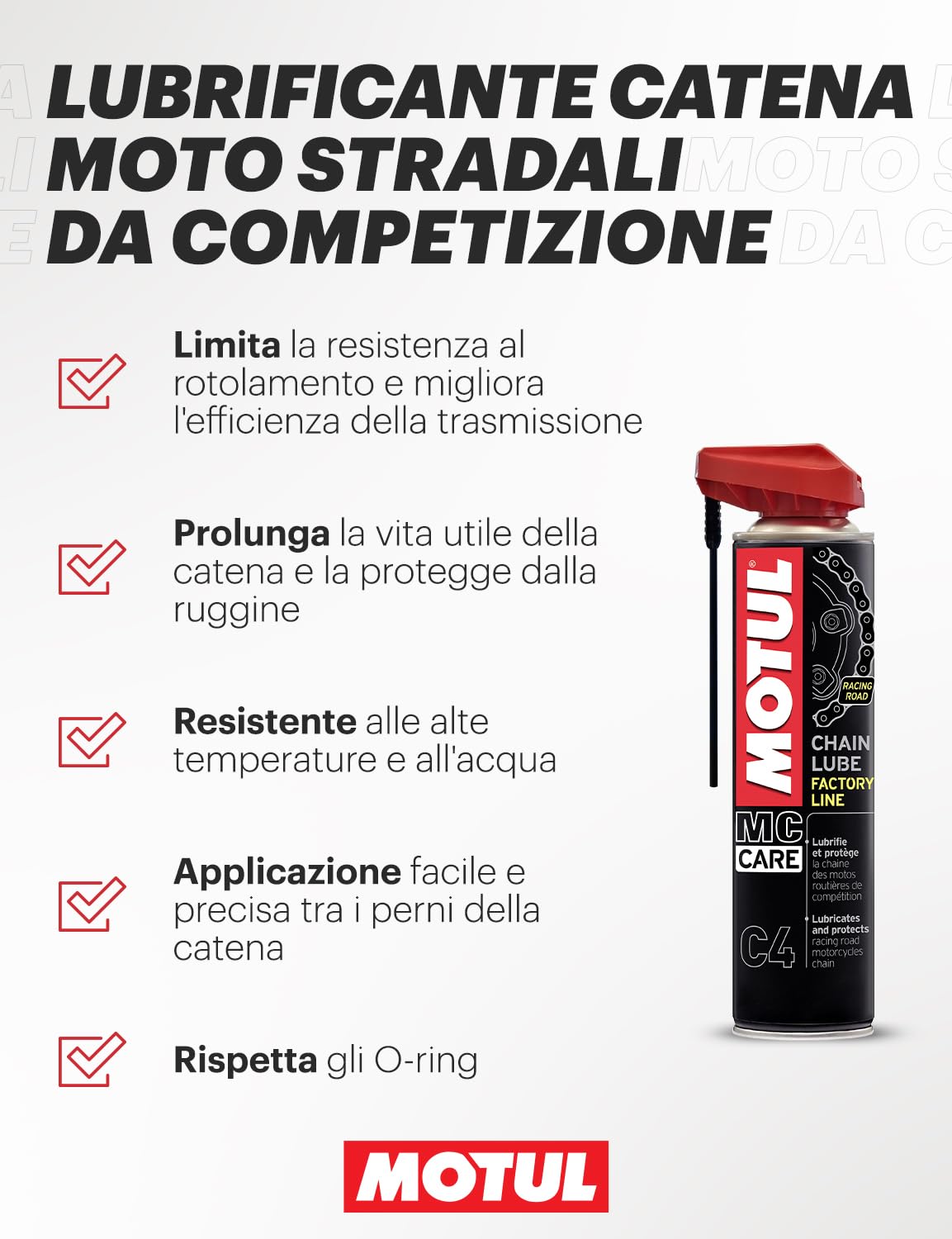 Motul - Kit di Manutenzione - Pulitore Spray per Catena Moto + Lubrificante per Catena Moto da Corsa + Spazzola Non Abrasiva - MC Care Chain Clean C1 - MC Care Chain Lube Factory Line C4