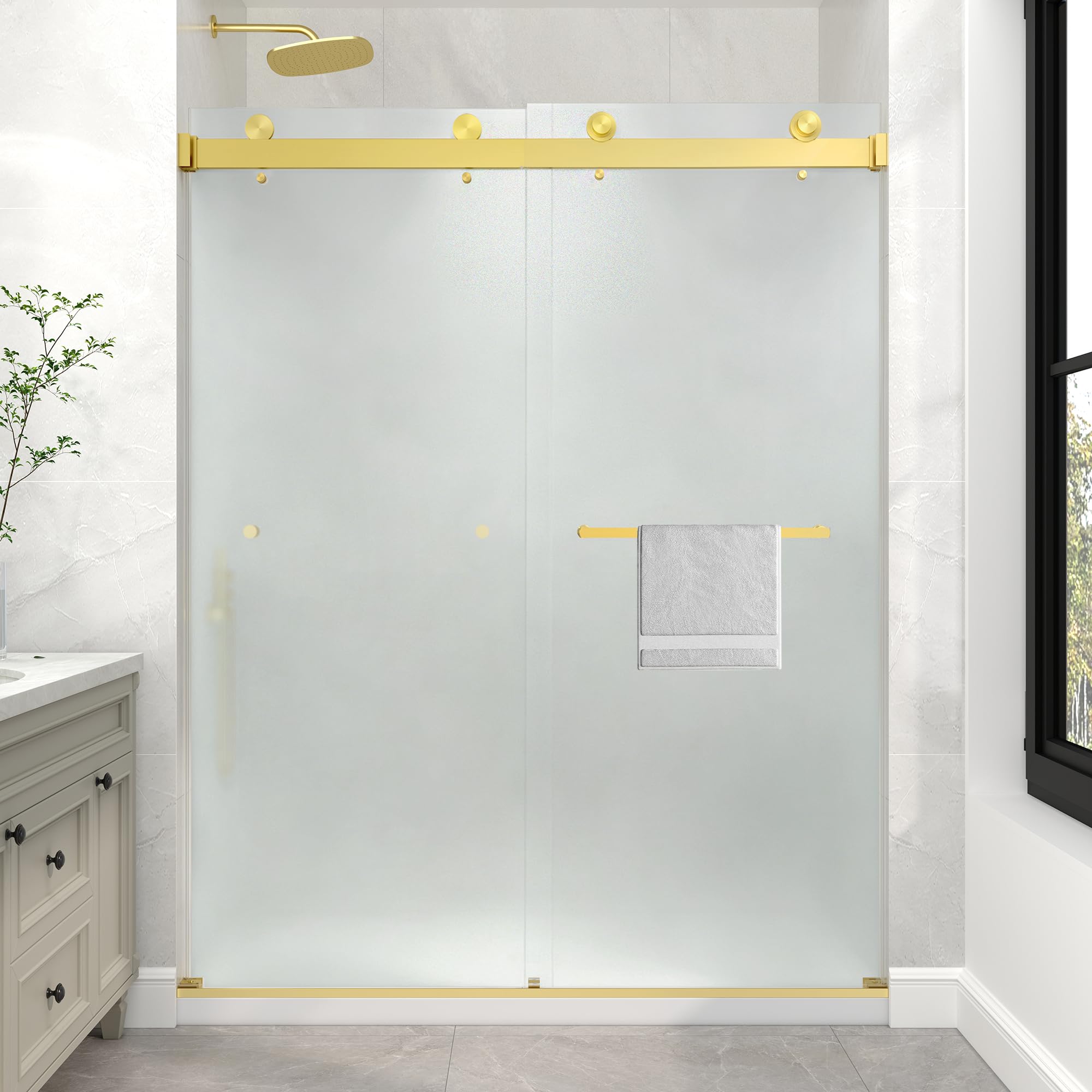Photo 1 of KPUY Frameless Sliding Frosted Shower Door 43-48" x 76", Brushed Gold