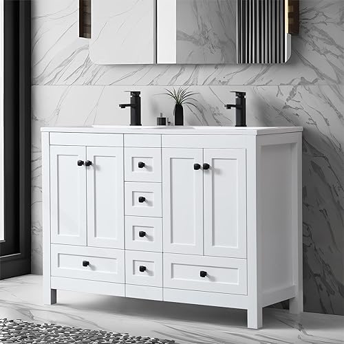 Miniatura 60 de eclife Tocadores de baño de 30 pulgadas con lavabo, moderno gabinete de almacenamiento de baño de madera gruesa con fregadero empotrado, drenaje