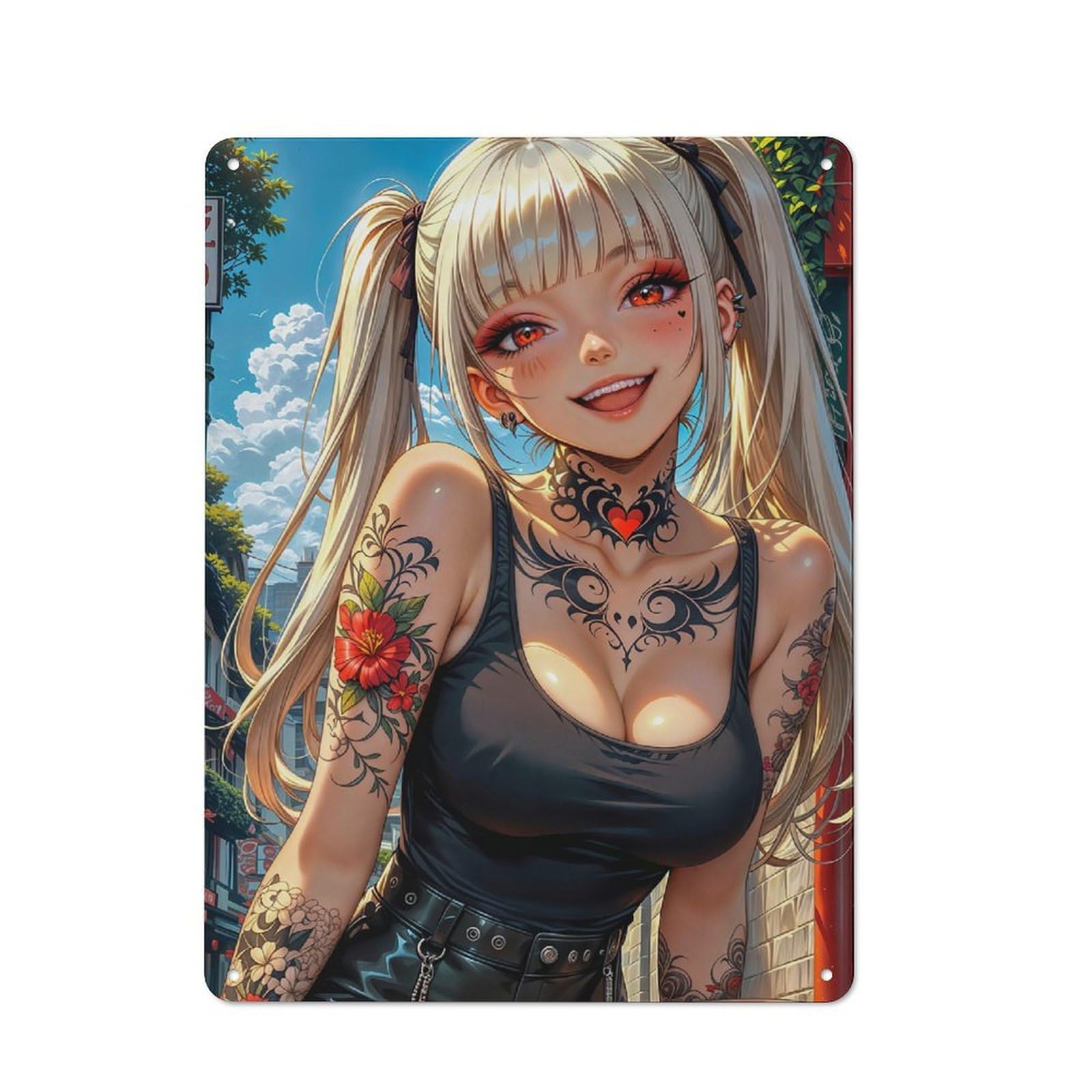 Nostalgic Tattooed Anime Girl Decorative Tin Sign 40x30cm, Vintage Wall Decor for Lounge, Study, Pub Or Wall Gallery
