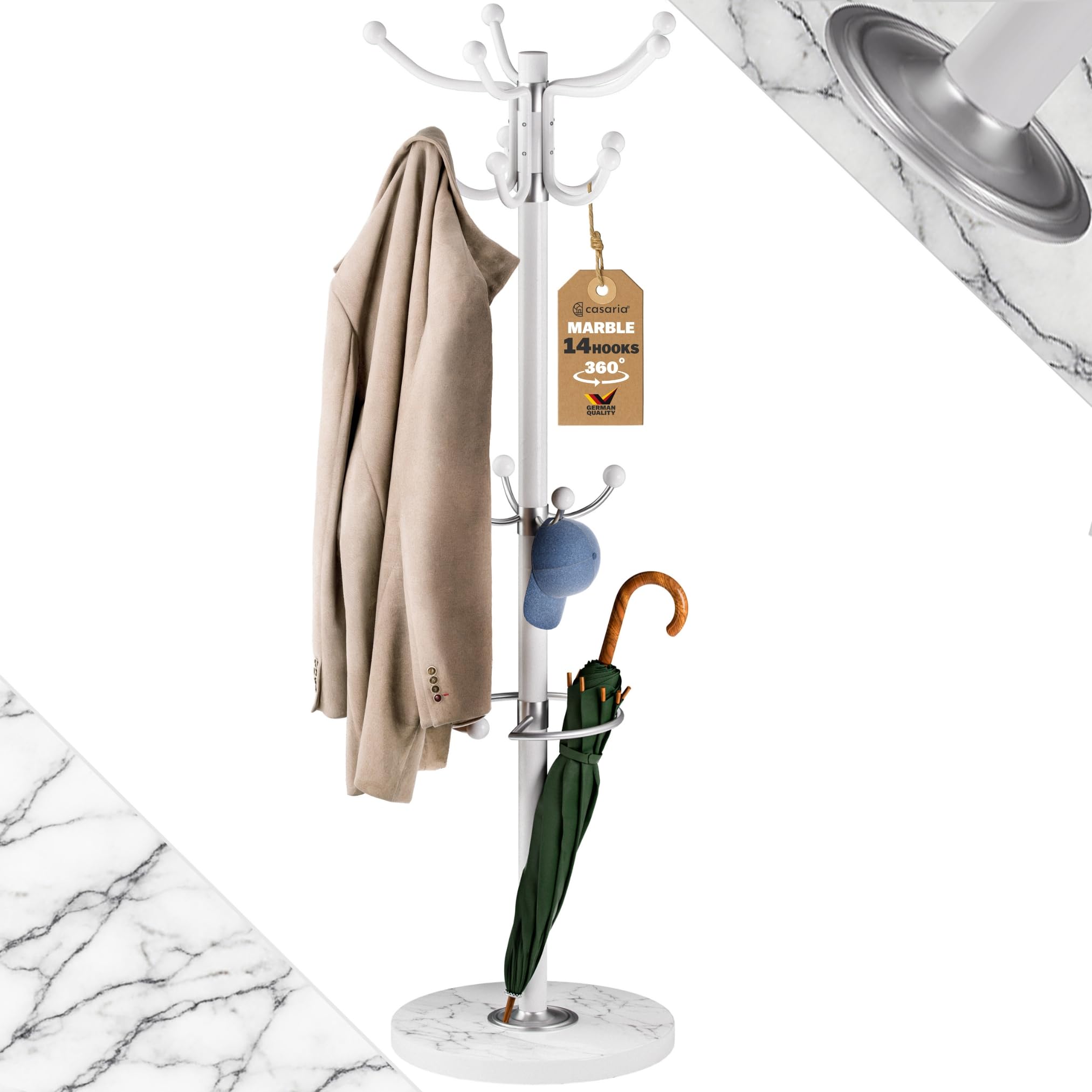 Casaria® Attaccapanni in Metallo con Base 14 Ganci Ruotabile 360° 37x37x175cm Corridoio Ufficio Appendiabiti Bianco