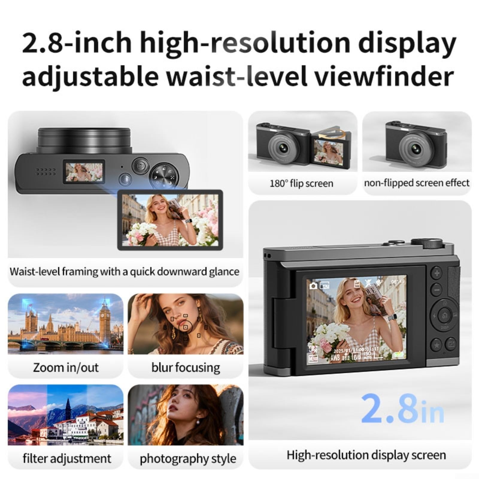 Fotocamera digitale 4K per Vlogger, 68 MP DSLR Style Video per videocamera con schermo flip a 180 gradi Zoom 28X Dual Autofocus Webcam Mode Kit (B)
