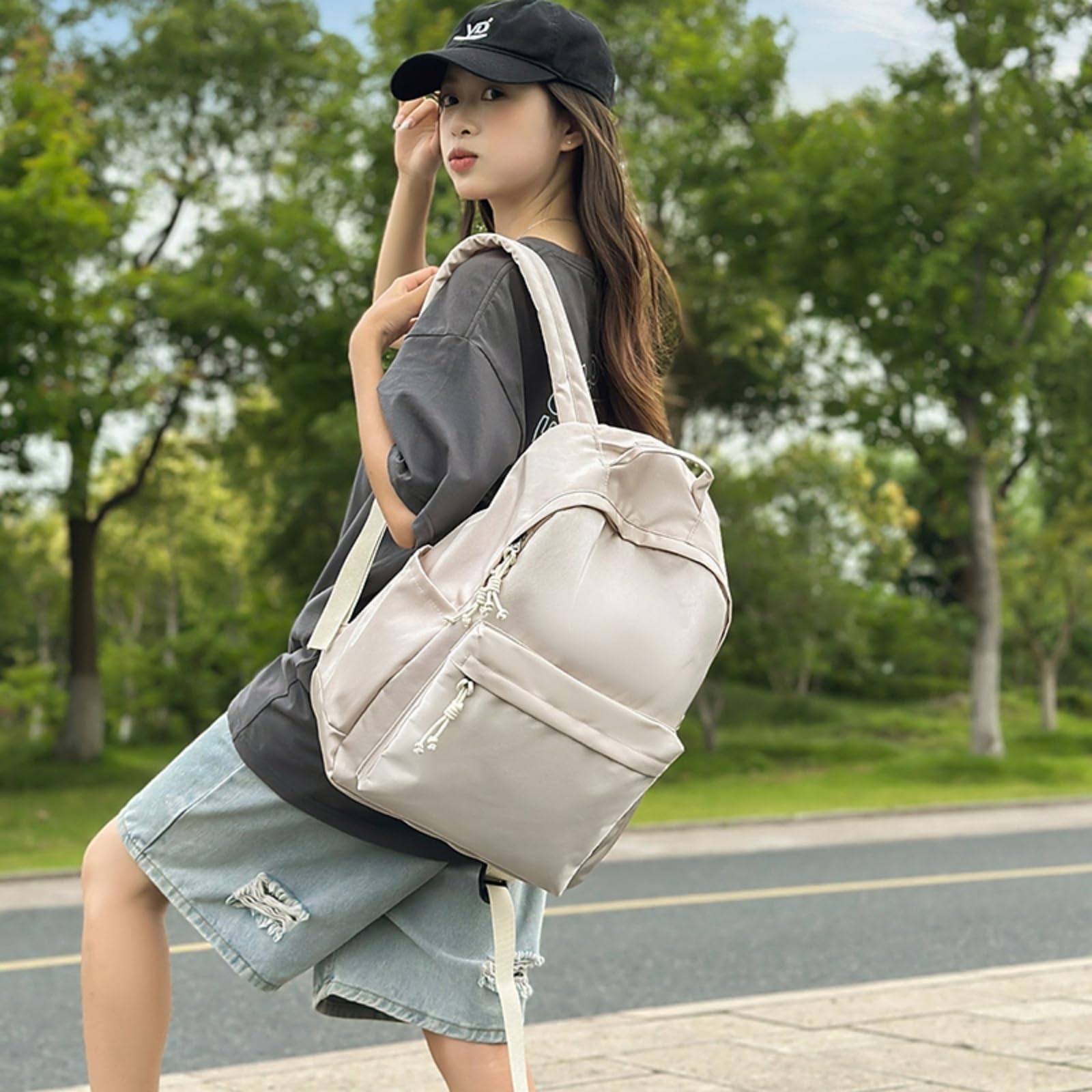 Zaino in Nylon Casual Multi Tasca, Scolastico per Laptop di Viaggio Giornaliero Adolescente-Beige
