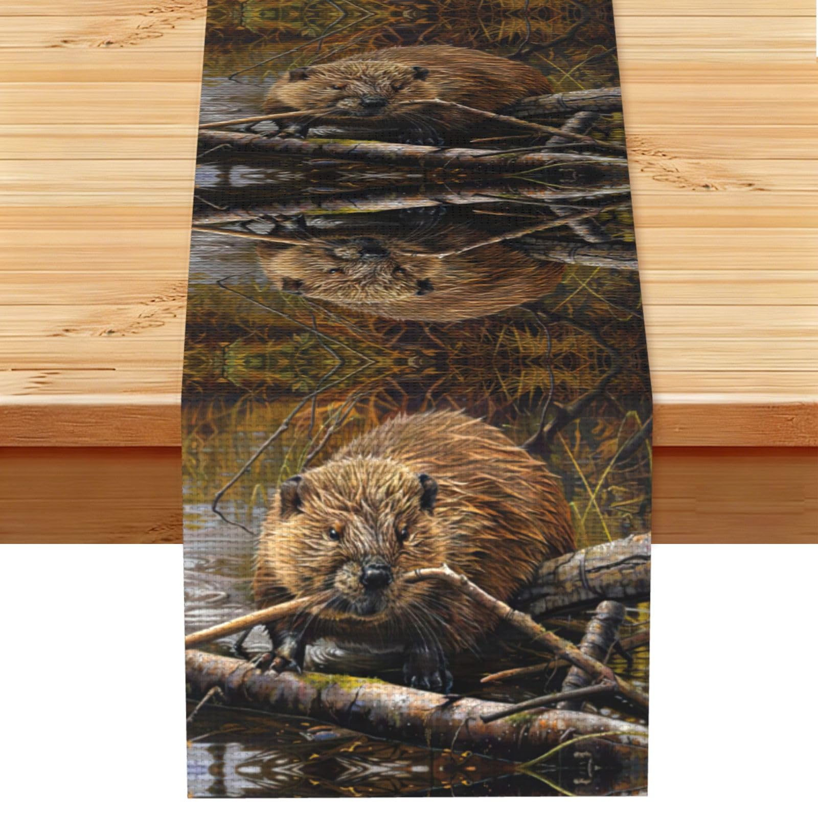 beaver working Printed Dining Table Runner 13x72 Inch, Non-Fading Decor for Kitchen Dresser Fireplace Mantel