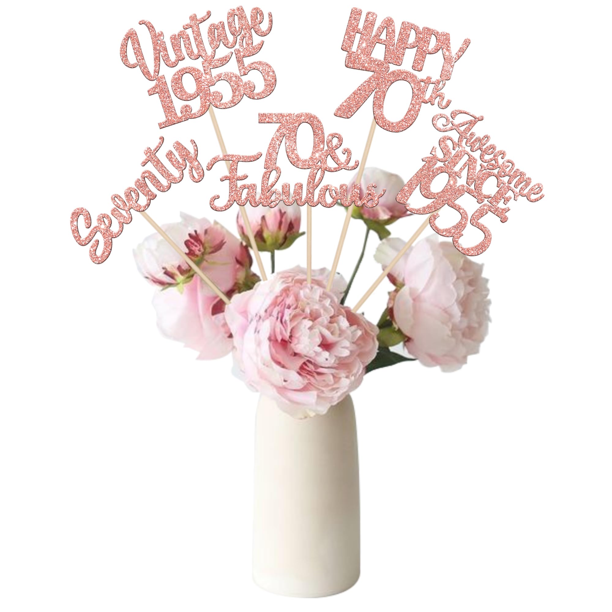 15 PCS 70th Birthday Centerpiece Sticks Seventy Glitter Happy 70th Vintage 1955 Table Flower Centerpieces Sticks Cheers to 70 Fabulous Floral Decorations for 70th Birthday Party Supplies Rose Gold