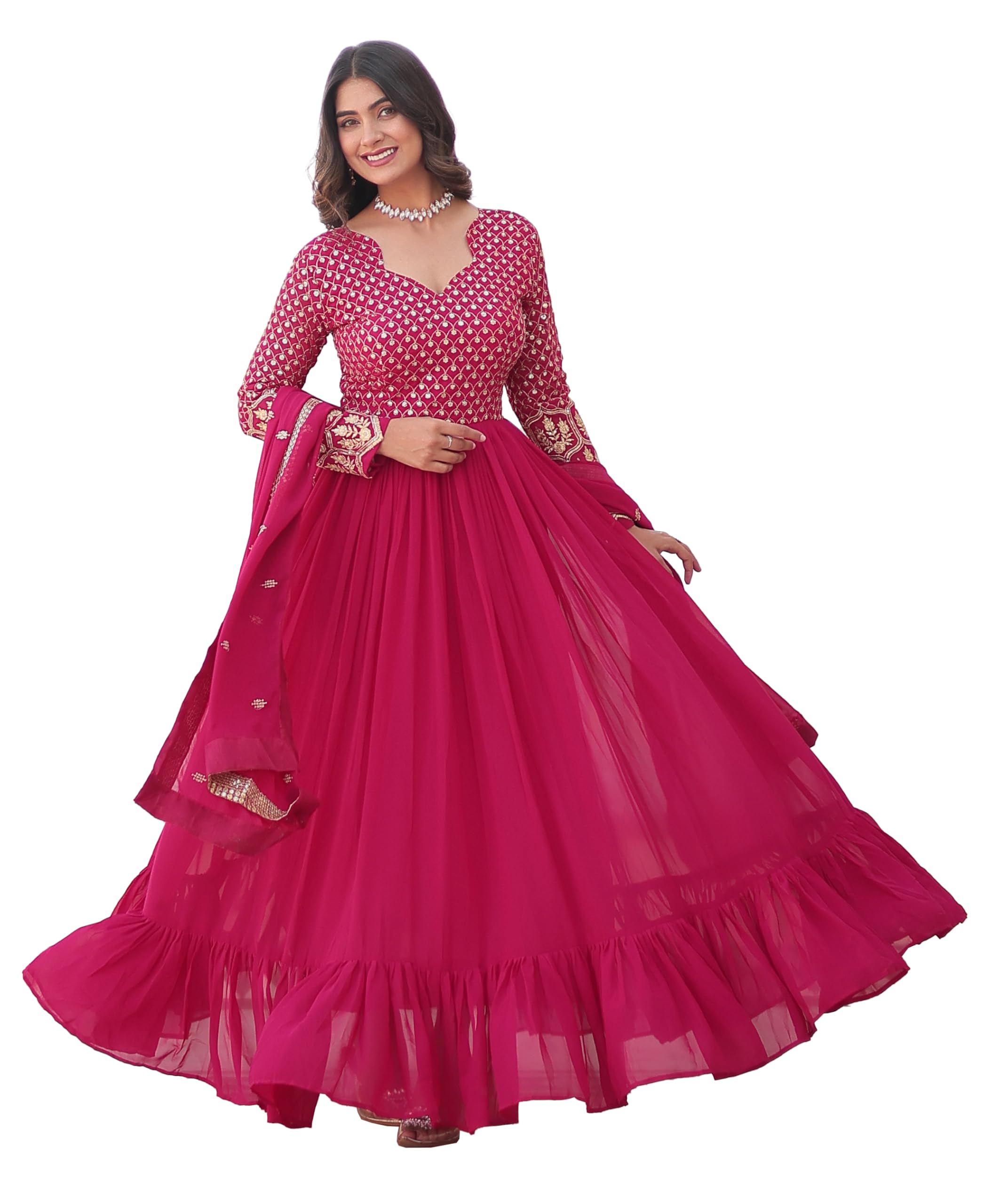 Fashion Basket Women's Georgette Anarkali Kurta Set With Duptta For Women (In, Alpha, L, Regular, Pink)