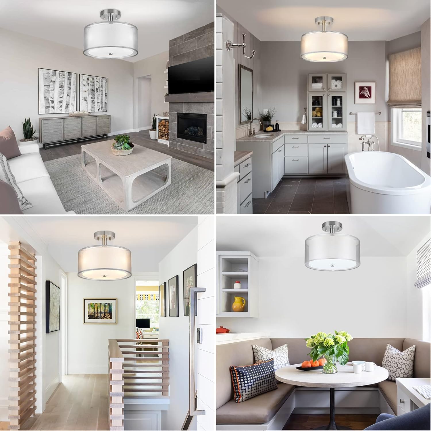 FOLKSMATE Silver Semi Flush Mount Ceiling Light Fixture, 3-Light Drum Light with Double Fabric Shade, Modern Close to Ceiling Lamp for Living Room, Bedroom, Dining Room, Kitchen, Hallway, Entry, Foyer