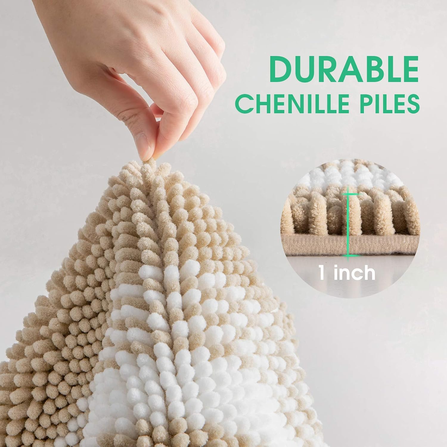 Bath Mats Non Slip Chenille Bathroom Rugs Striped Soft Plush Shower Mats for Tub Water Absorbent Bathroom Mat Quick Dry Machine Washable (Khaki, 20x32)