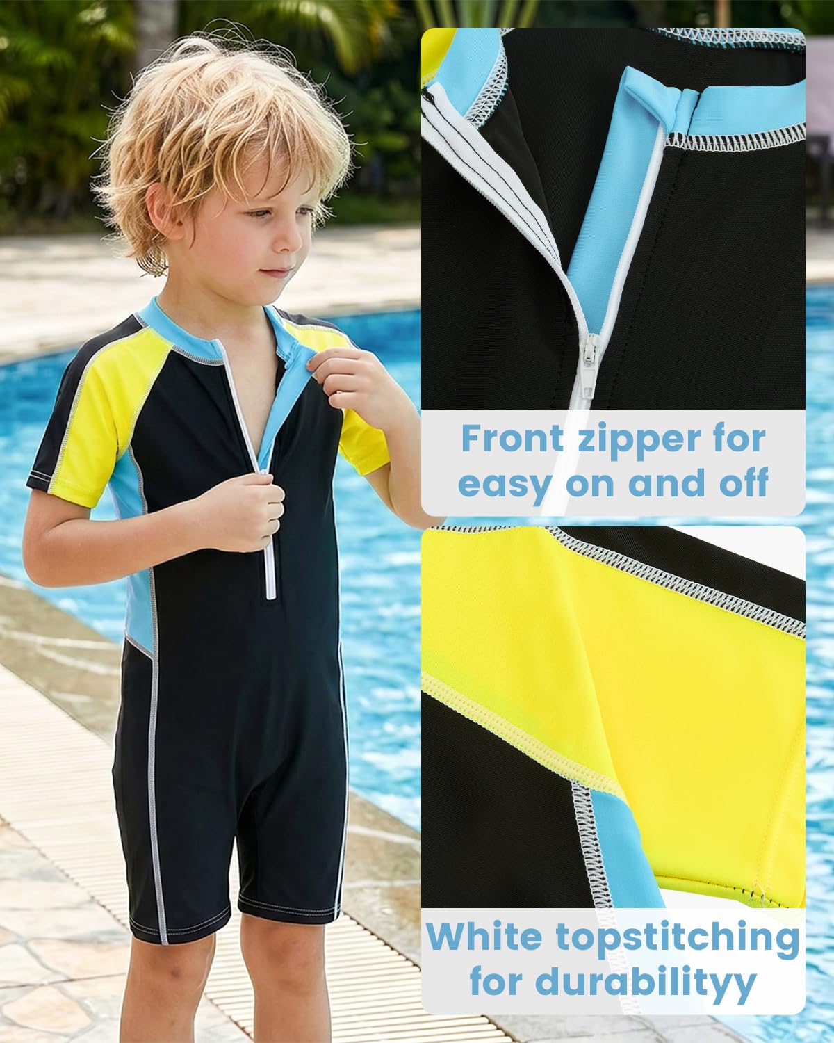 JiAmy Maillot de bain une pièce Rashguard à manches courtes pour garçon - Séchage rapide - Protection UV - Avec fermeture éclair sur le devant - Couleurs contrastées - Pour la plage et la piscine