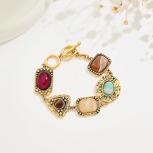 Miniatura 5 de WOWORAMA Pulsera de oro vintage para mujer, pulseras gruesas de resina geométrica, pulseras de piedra de resina martillada, pulseras de cadena de