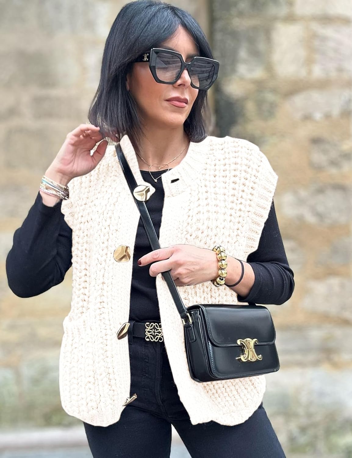 Flygo Womens Sleeveless Crop Chunky Knit Cardigan Trendy Button Down Cropped Knitted Sweater Vest Tops with Pockets - Image 4