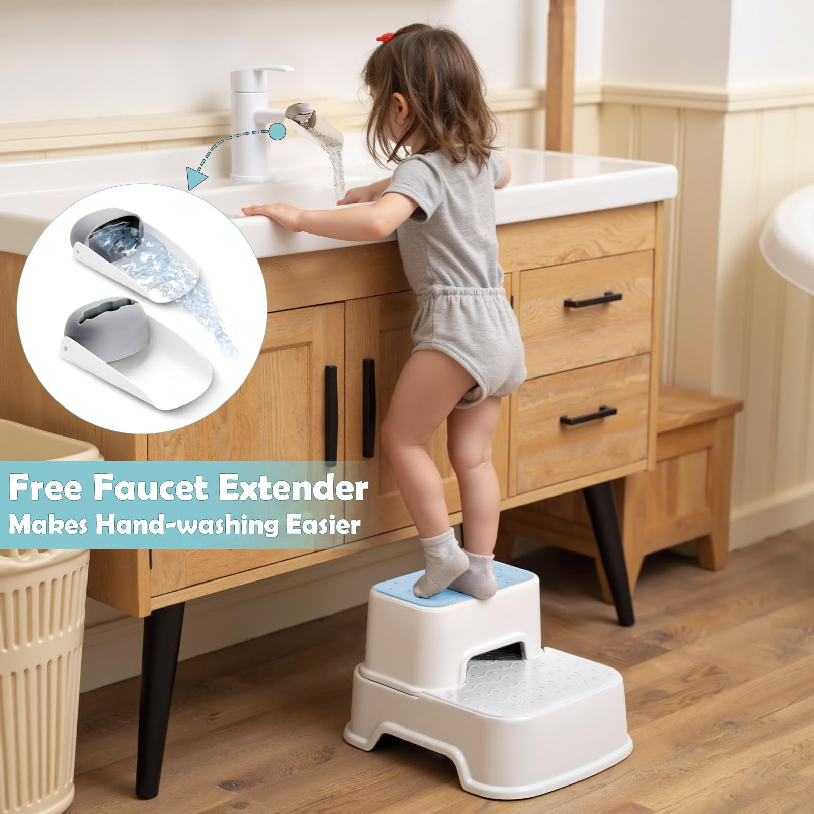 MangoHood Taburetes de 2 escalones para niños – Taburete multifuncional para inodoro para niños, taburete antideslizante para fregadero de baño, entrenamiento de orinal, cocina (azul-2 paquetes)