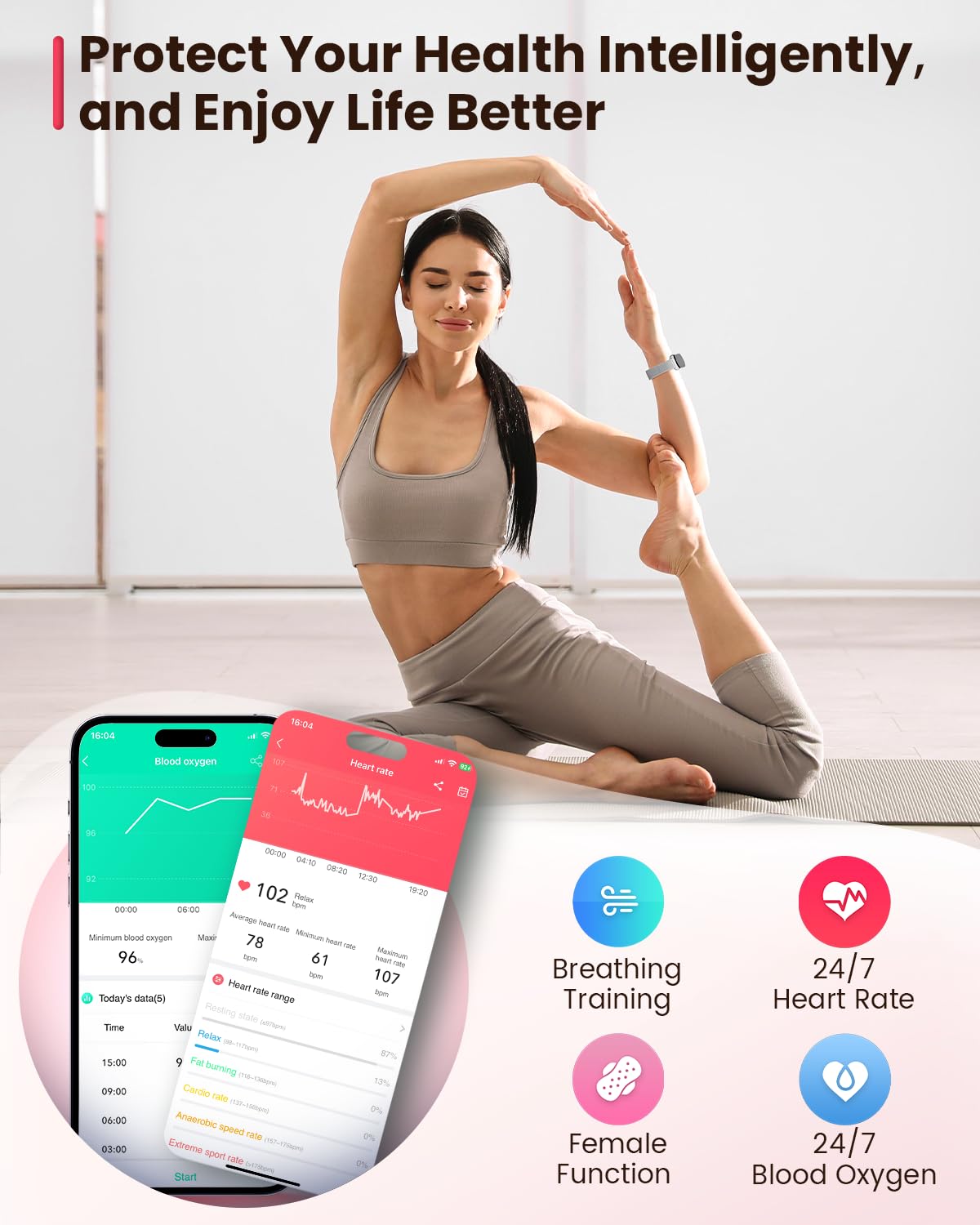 Sanorum Smartwatch Donna, 1.47" Orologio Fitness, 24 Modalità Sport, SpO2, Sonno, Activity Tracker Passi Calorie, 165+ Quadranti, Fisiologia Femminile Notifiche Impermeabile IP68 Android iOS Argento