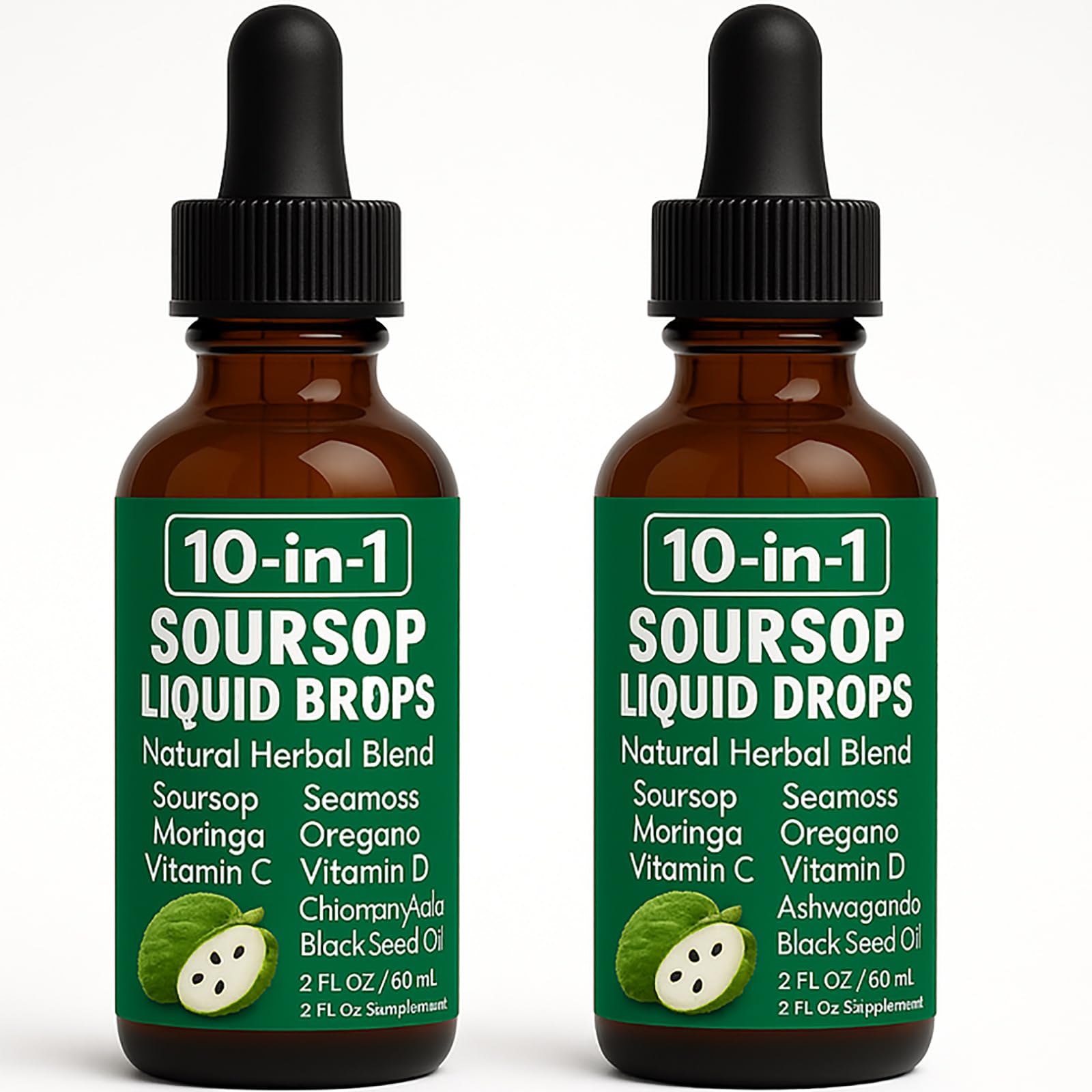 Soursop Natural Drops, 10-in-1 Soursop Extract Drops with Sea Moss, Moringa, Turmeric, Black Seed Oil, Oregano, Ashwagandha Immune Support | Improving Gut Health | Heart Health, 2 Fl Oz (2)