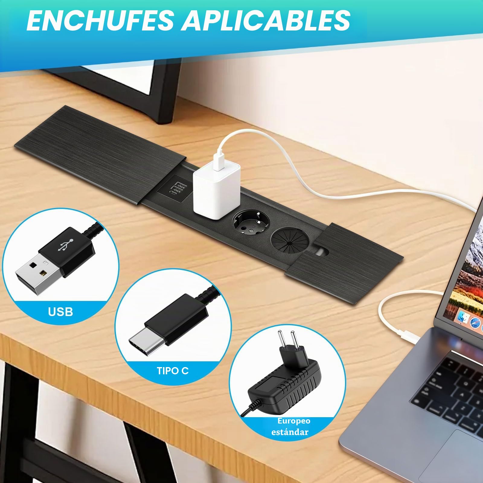 Regleta de enchufes empotrable, 2 enchufes con USB C y tapa deslizante, enchufe de mesa, enchufe empotrado, para escritorio, cocina, oficina, mesa de sofá, mesa de conferencias, color negro