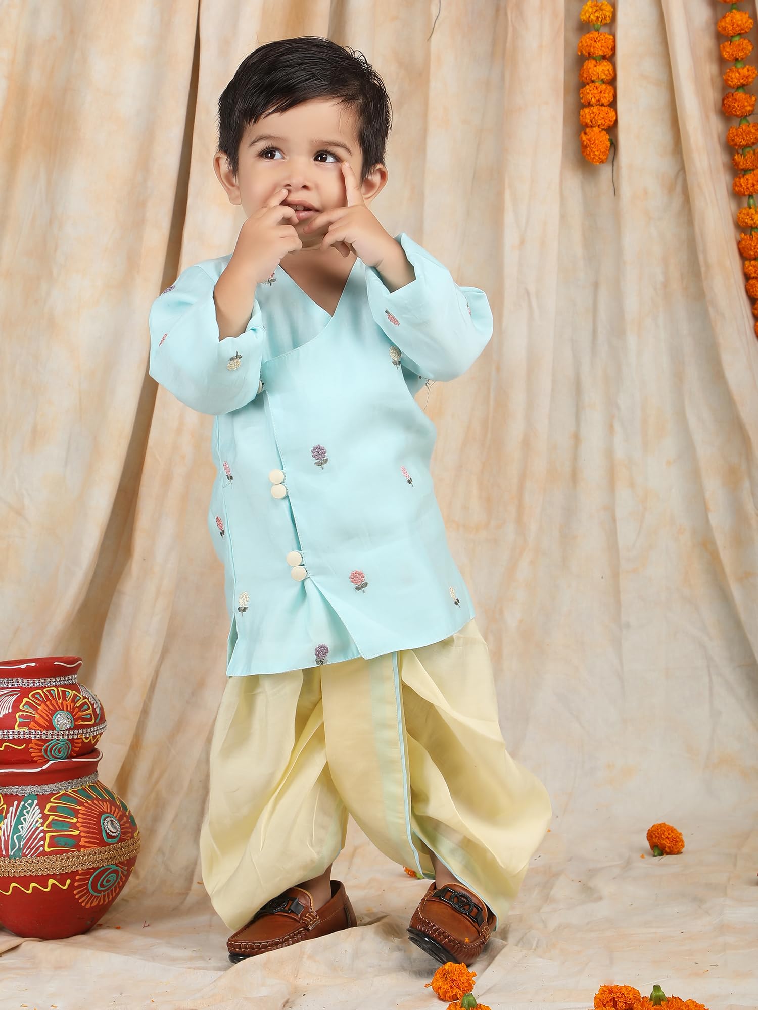 POLKA TOTS Elegant Traditional Dhoti Kurta Set for Baby Boys | Premium Cotton Ethnic Wear for Baby & Toddler Boy | Soft & Breathable Festive Outfit for Weddings (Blue Flower Embroidery, 0-3 M) 2