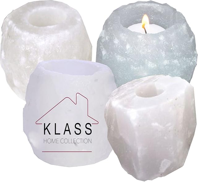 4 x Pack Himalayan Rock Salt Lamp Tea Light Candle Holder, Natural White Hymalian Crystal Rock Salt Lamp Tealight Candles T-Light for Aromatherapy Xmas Gift Set (4 x T-Lights included)