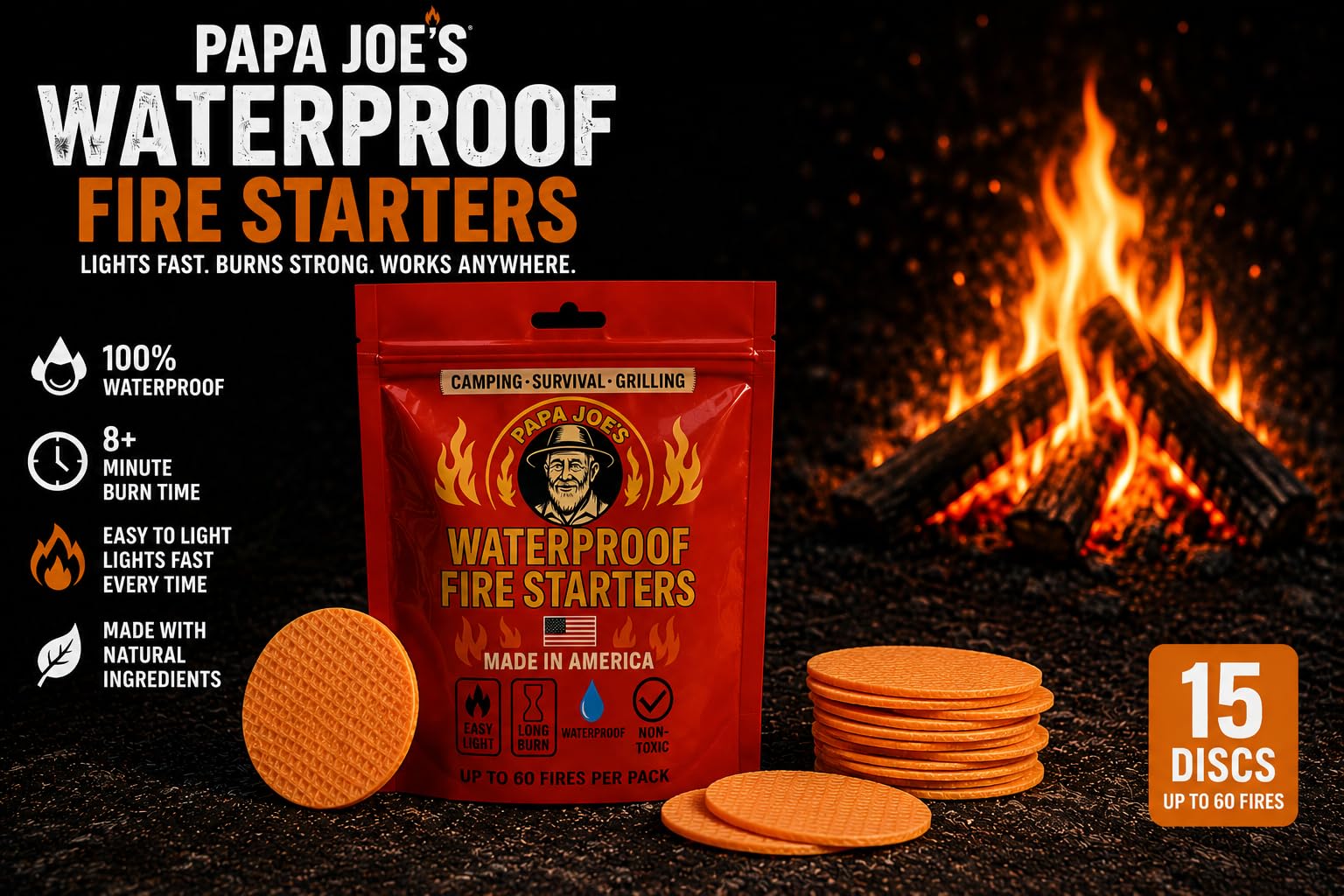 Papa Joe's Wasserdichter Feuerstarter (15 Scheiben) für bis zu 60 Feuer, 8-10 Minuten Brenndauer, sofort leicht, Feuerstellen, Grills, Survival, 100 % wetterfest, für Notfälle, handgefertigt in den