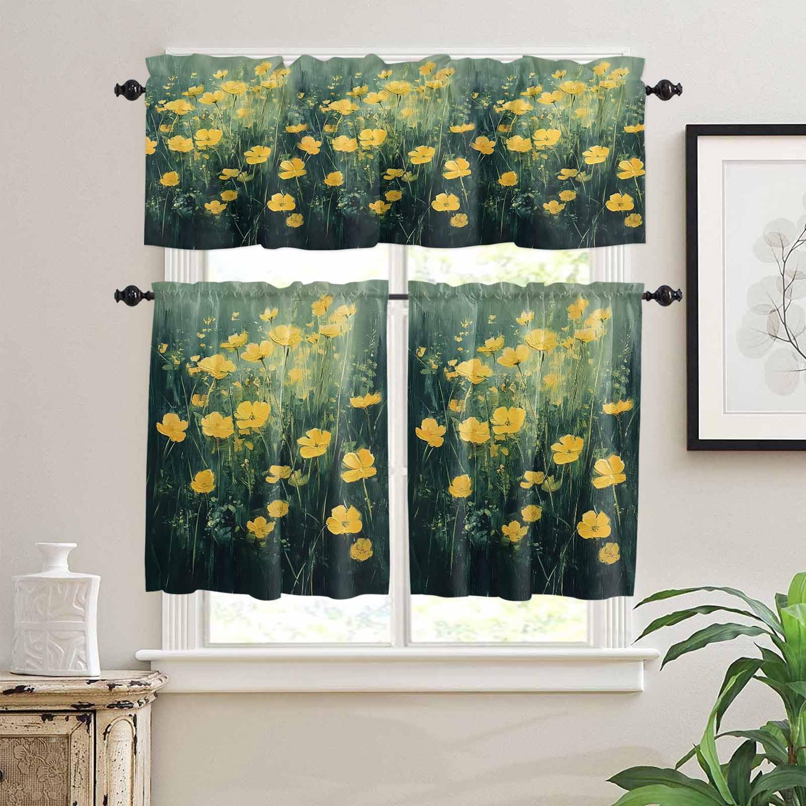 Spring Floral Kitchen Curtains 24 Inch Length,3 Piece Rod Pocket Small Half Tiers and Valance Set,Yellow Green Botanical Modern Oil Painting Small Large Window Treatment Decor for Bedroom/Bathroom